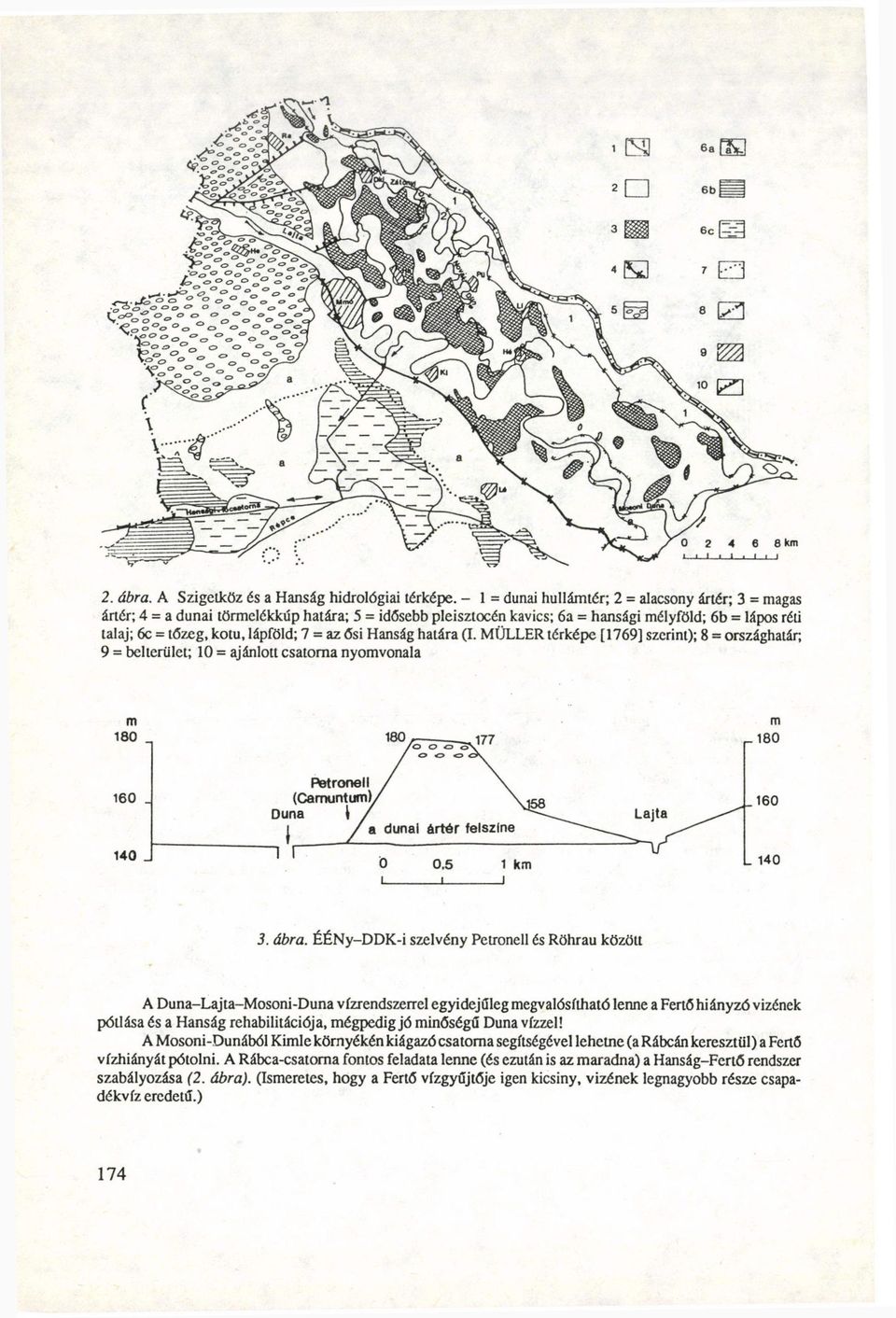 = az ősi Hanság határa (I. MÜLLER térképe [1769] szerint); 8 = országhatár, 9 = belterület; 10 = ajánlott csatorna nyomvonala m m 3. ábra.