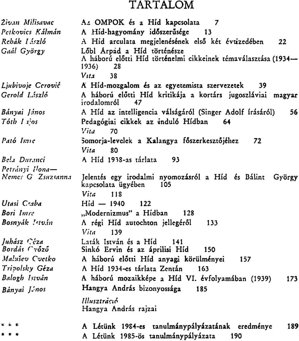 éza Bordás f'róző Malusev Cvctko Tripolsky Géza Balogh István Bányai JJnos Az OMPOK és a Híd kapcsolata 7 A Híd-hagyomány időszerűsége 13 A Híd arculata megjelenésének első két évtizedében 22 Lőbl
