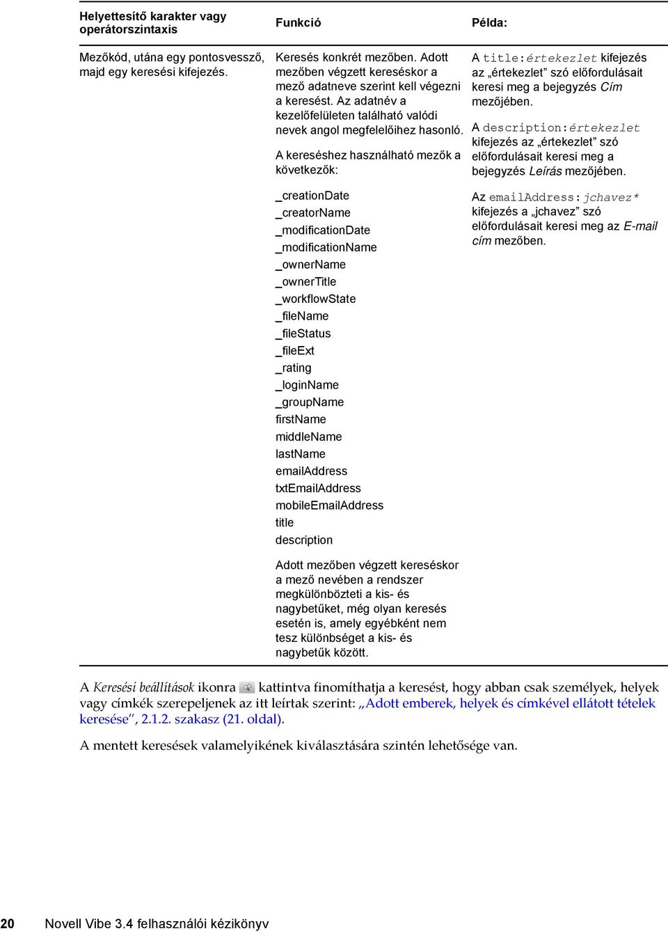 A kereséshez használható mezők a következők: A title:értekezlet kifejezés az értekezlet szó előfordulásait keresi meg a bejegyzés Cím mezőjében.