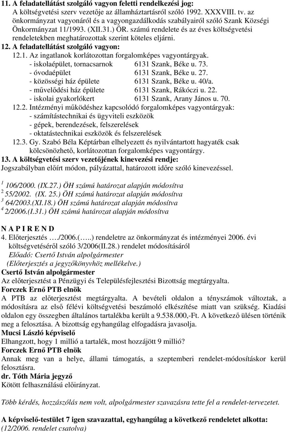 számú rendelete és az éves költségvetési rendeletekben meghatározottak szerint köteles eljárni. 12. A feladatellátást szolgáló vagyon: 12.1. Az ingatlanok korlátozottan forgalomképes vagyontárgyak.