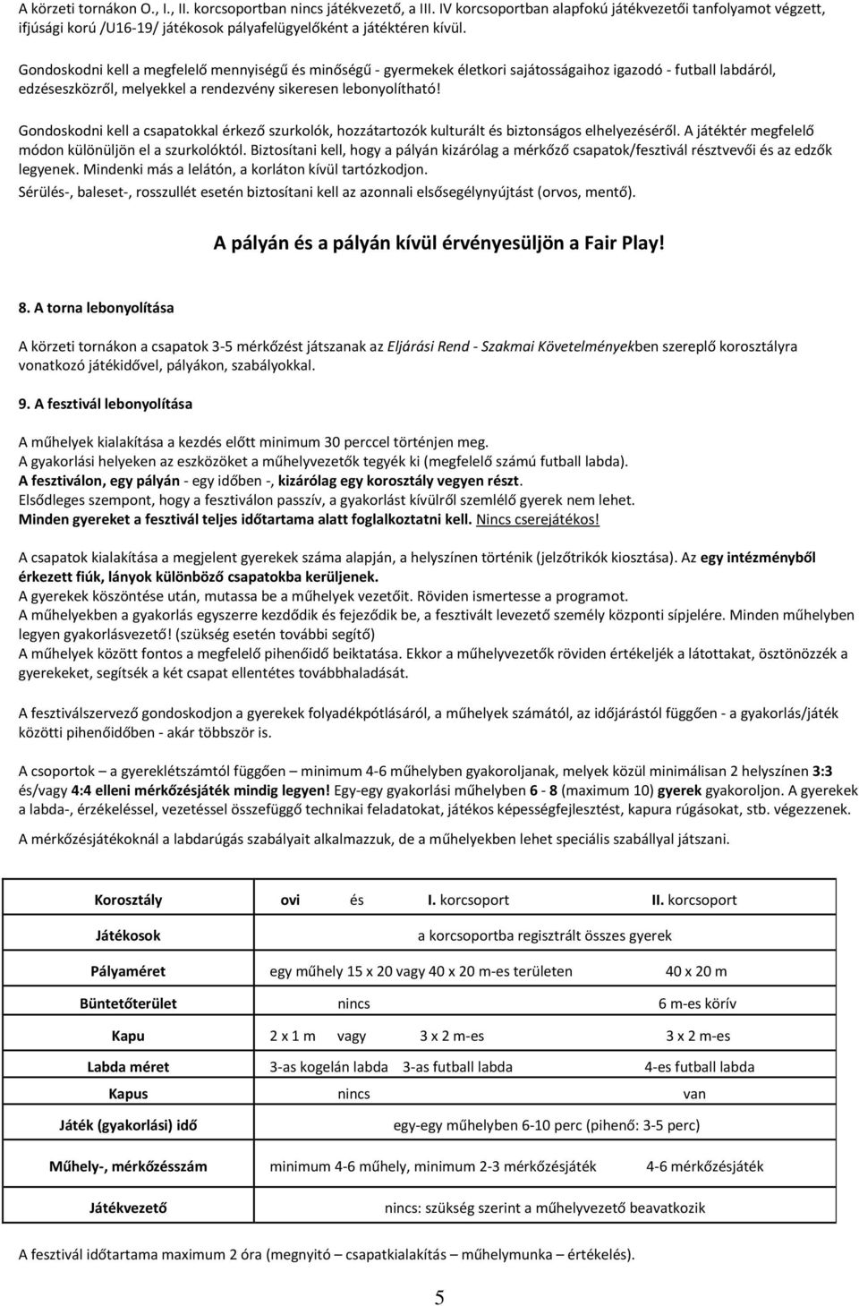 Gondoskodni kell a megfelelő mennyiségű és minőségű - gyermekek életkori sajátosságaihoz igazodó - futball labdáról, edzéseszközről, melyekkel a rendezvény sikeresen lebonyolítható!