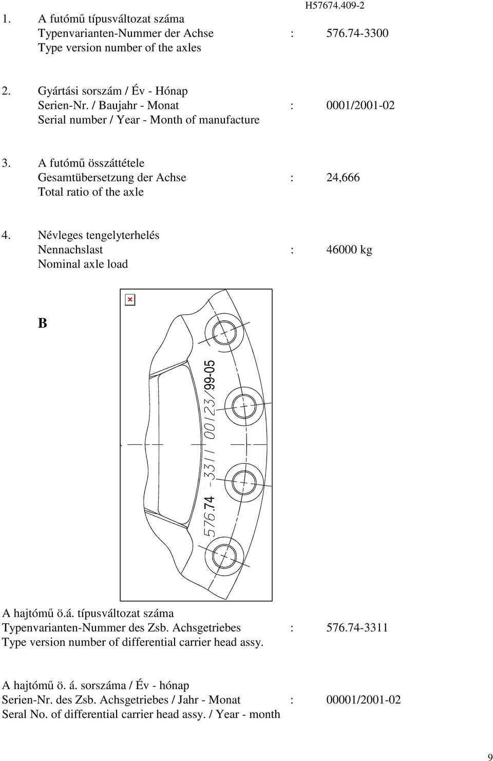 Névleges tengelyterhelés Nennachslast : 000 kg Nominal axle load B 7 99-0 A hajtóm ö.á. típusváltozat száma Typenvarianten-Nummer des Zsb. Achsgetriebes : 7.