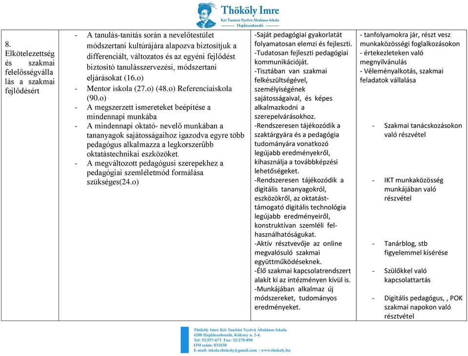 o) - A megszerzett ismereteket beépítése a mindennapi munkába - A mindennapi oktató- nevelő munkában a tananyagok sajátosságaihoz igazodva egyre több pedagógus alkalmazza a legkorszerűbb