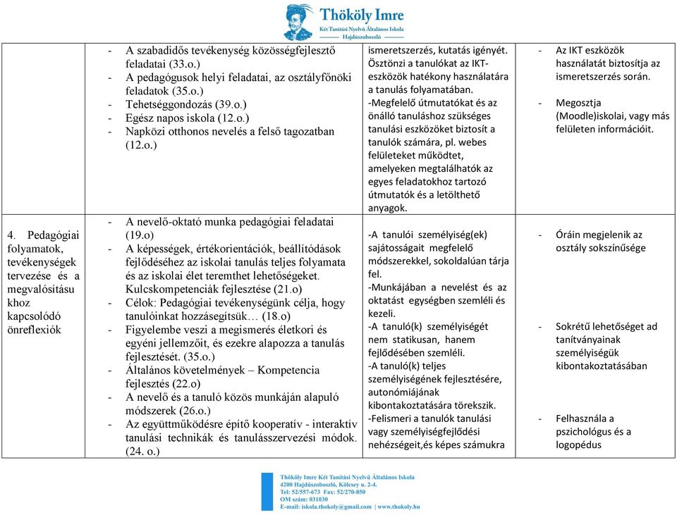 o) - A képességek, értékorientációk, beállítódások fejlődéséhez az iskolai tanulás teljes folyamata és az iskolai élet teremthet lehetőségeket. Kulcskompetenciák fejlesztése (21.