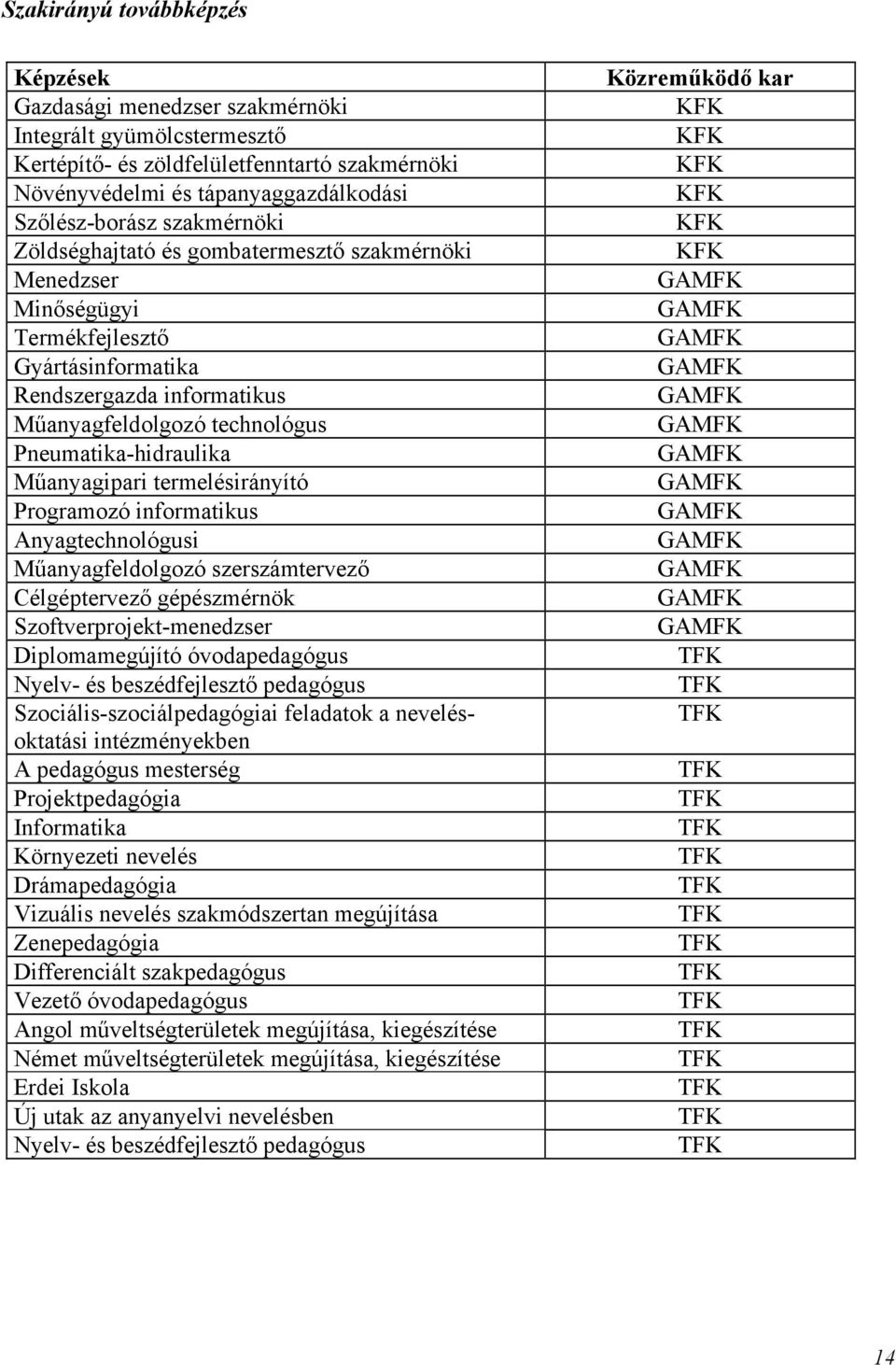 informatikus GAMFK Műanyagfeldolgozó technológus GAMFK Pneumatika-hidraulika GAMFK Műanyagipari termelésirányító GAMFK Programozó informatikus GAMFK Anyagtechnológusi GAMFK Műanyagfeldolgozó