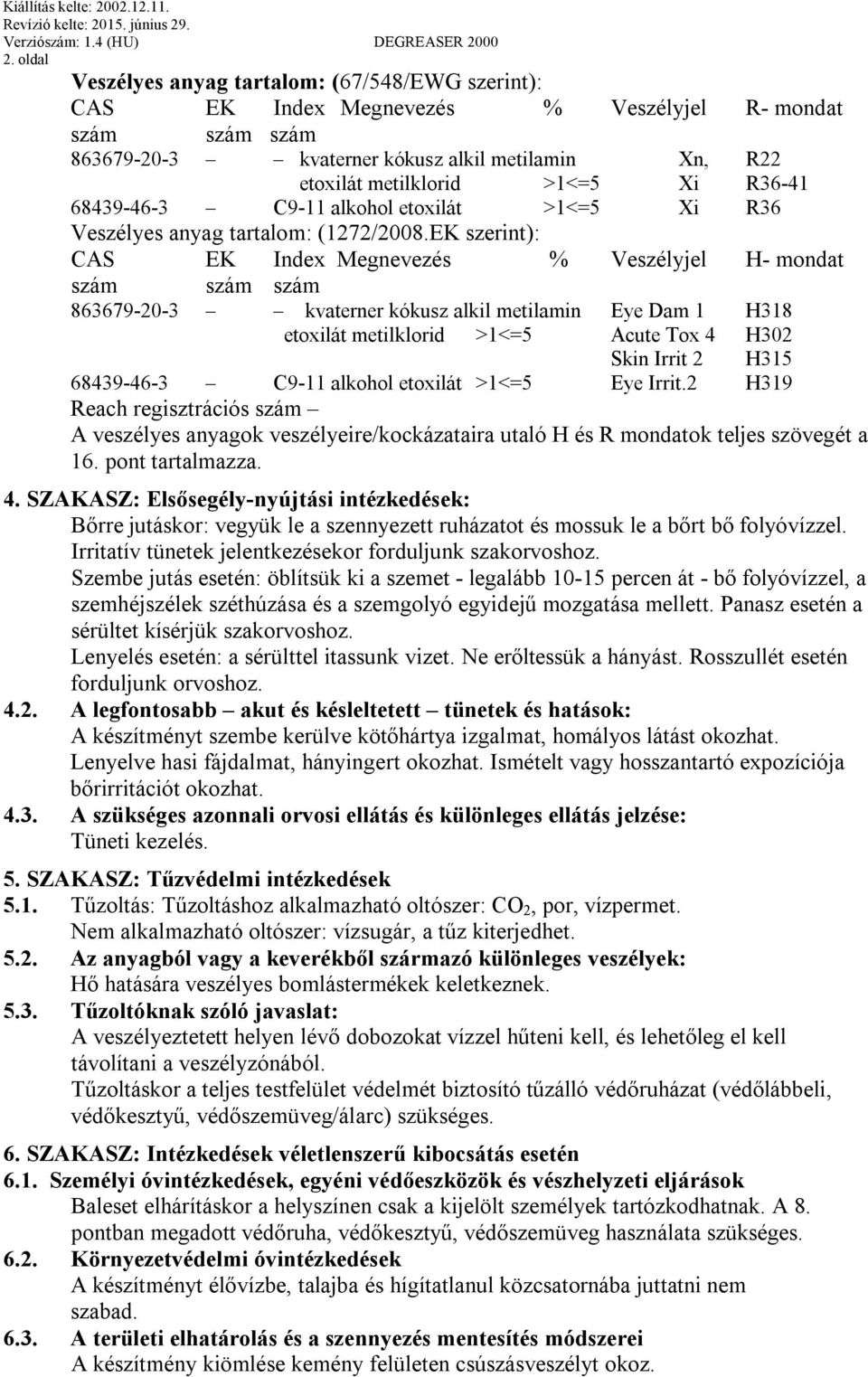 EK szerint): CAS EK Index Megnevezés % Veszélyjel H- mondat szám szám szám 863679-20-3 kvaterner kókusz alkil metilamin Eye Dam 1 H318 etoxilát metilklorid >1<=5 Acute Tox 4 H302 Skin Irrit 2 H315