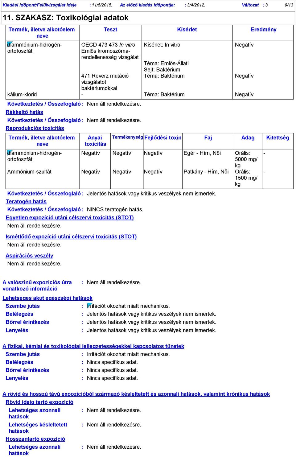 Összefoglaló Kísérlet In vitro Téma EmlősÁllati Sejt Baktérium Téma Baktérium Negatív Negatív káliumklorid Téma Baktérium Negatív Következtetés / Összefoglaló Reprodukciós toxicitás