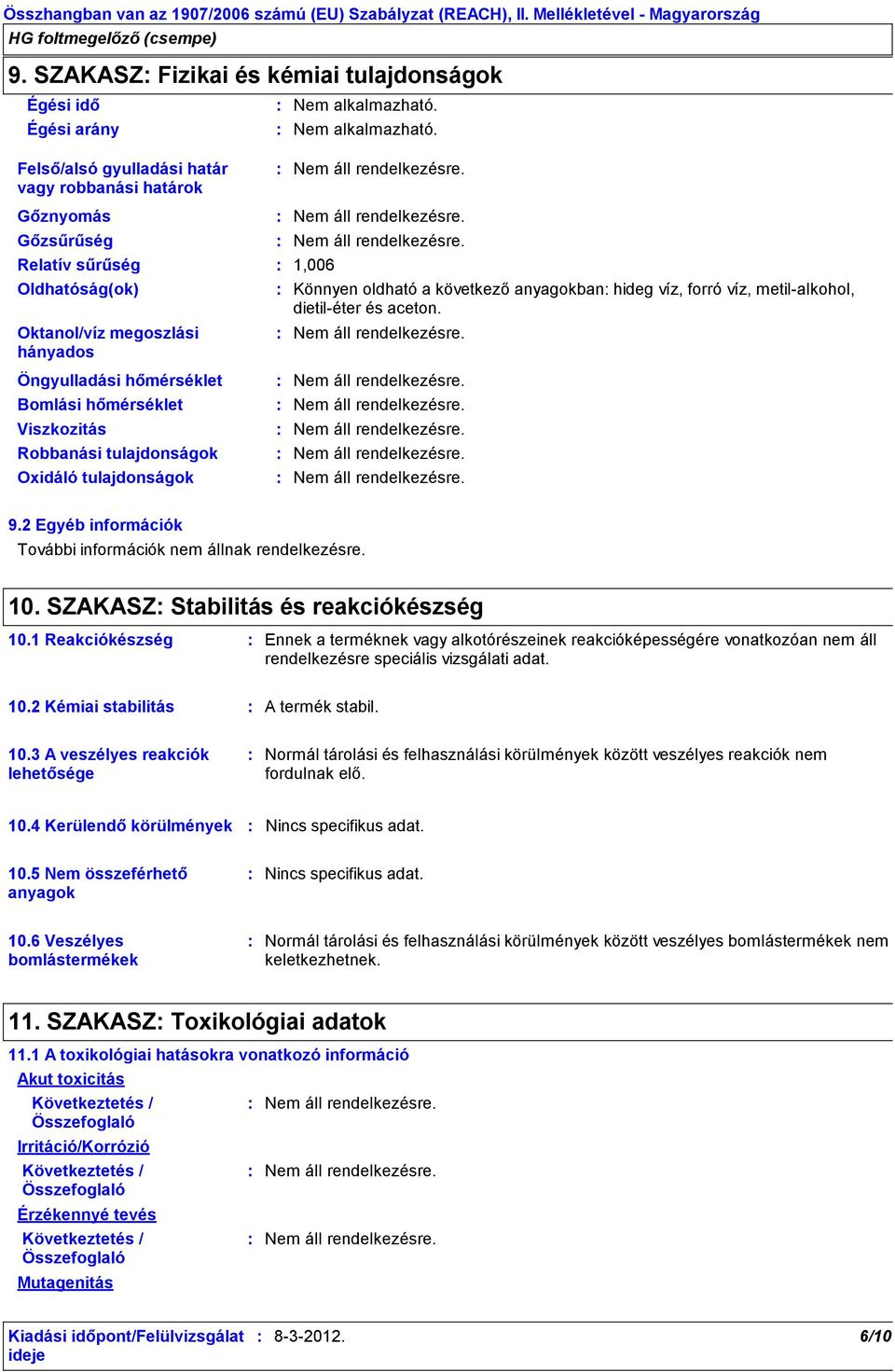 1,006 Könnyen oldható a következő anyagokban hideg víz, forró víz, metilalkohol, dietiléter és aceton.