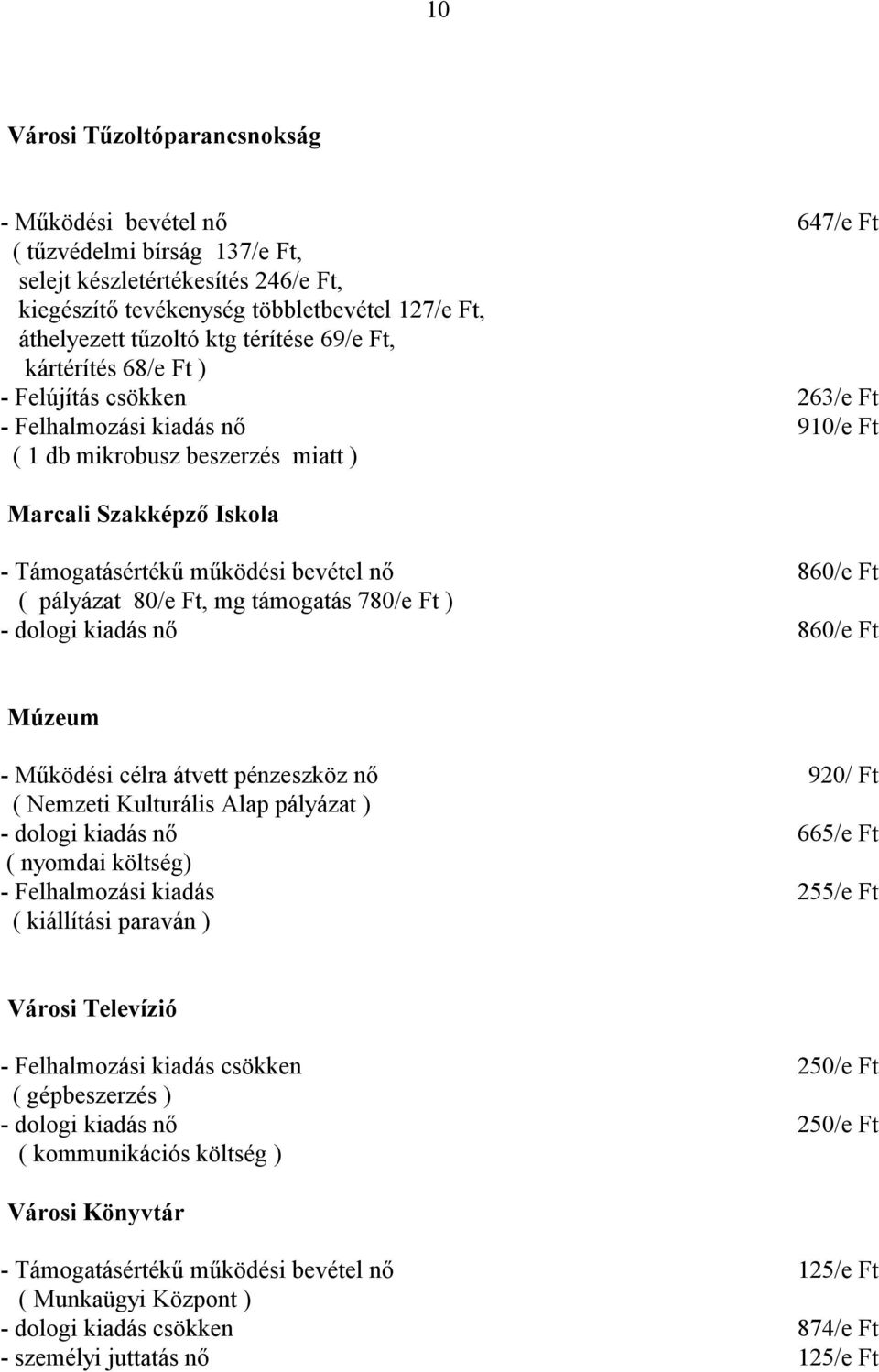 Ft, mg támogatás 780/e Ft ) - dologi kiadás nő 860/e Ft Múzeum - Működési célra átvett pénzeszköz nő ( Nemzeti Kulturális Alap pályázat ) - dologi kiadás nő ( nyomdai költség) - Felhalmozási kiadás (