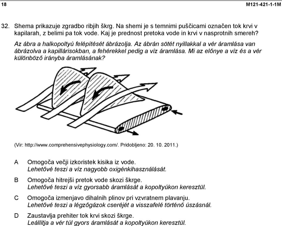 Mi az előnye a víz és a vér különböző irányba áramlásának? (Vir: http://www.comprehensivephysiology.com/. Pridobljeno: 20. 10. 2011.) Omogoča večji izkoristek kisika iz vode.