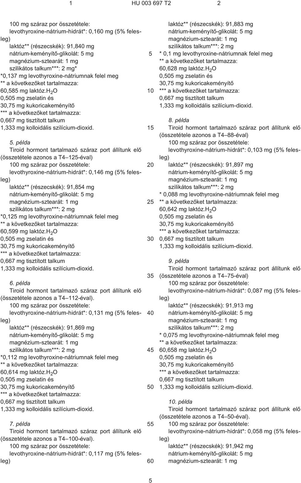 példa (összetétele azonos a T4 112-éval). levothyroxine-nátrium-hidrát*: 0,131 mg (% felesleg) laktóz** (részecskék): 91,869 mg *0,112 mg levothyroxine-nátriumnak felel meg,614 mg laktóz.h 2 O 7.