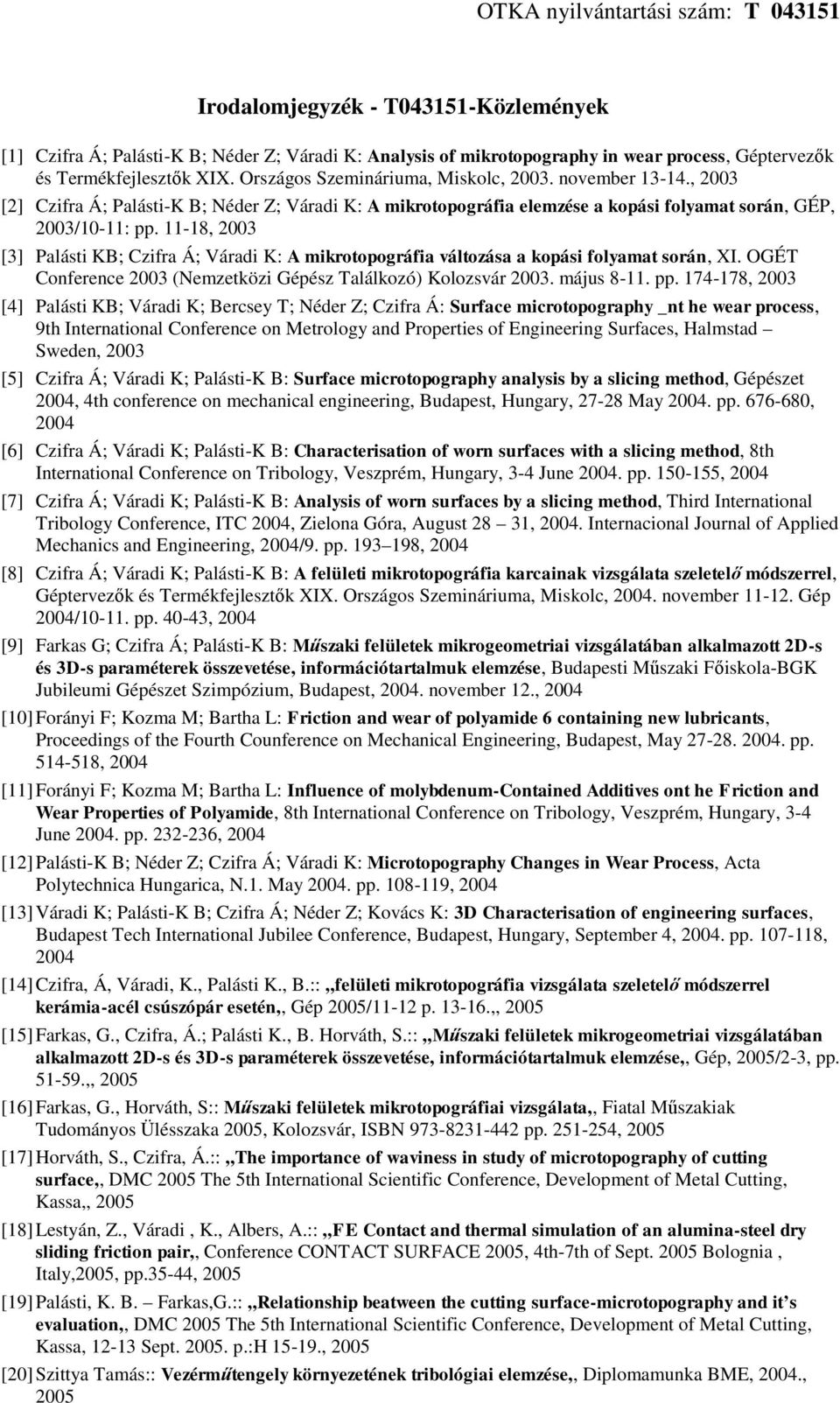 11-18, 23 [3] Palásti KB; Czifra Á; Váradi K: A mikrotopográfia változása a kopási folyamat során, XI. OGÉT Conference 23 (Nemzetközi Gépész Találkozó) Kolozsvár 23. május 8-11. pp.
