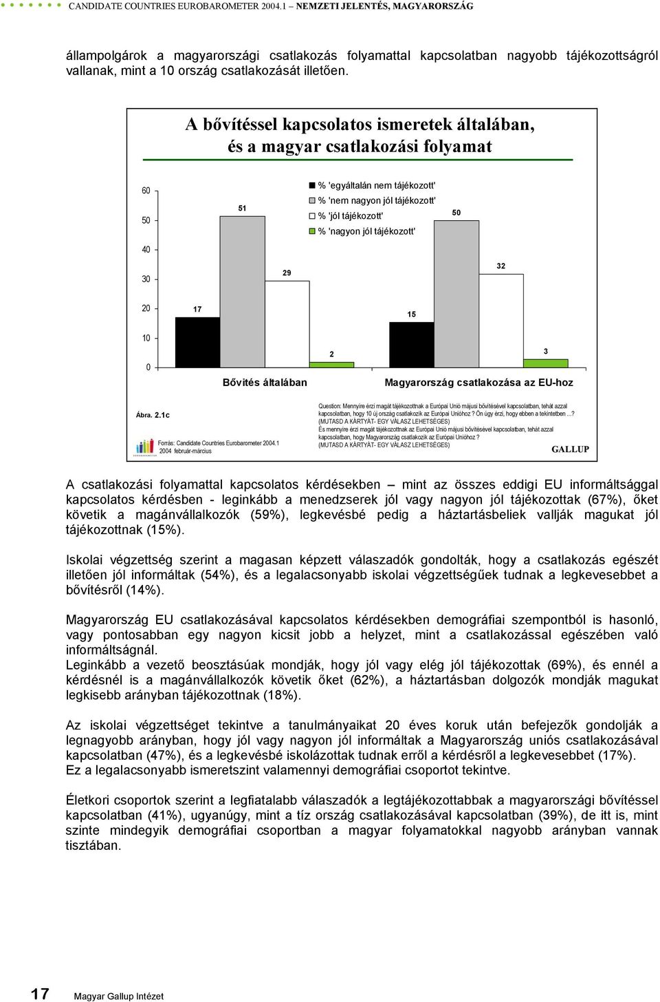 A bővítéssel kapcsolatos ismeretek általában, és a magyar csatlakozási folyamat 60 50 51 % 'egyáltalán nem tájékozott' % 'nem nagyon jól tájékozott' % 'jól tájékozott' % 'nagyon jól tájékozott' 50 40