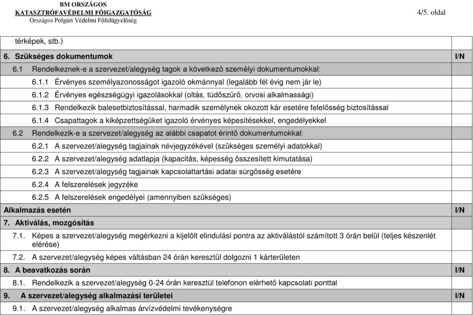 2 Rendelkezik-e a szervezet/alegység az alábbi csapatot érintő dokumentumokkal: 6.2.1 A szervezet/alegység tagjainak névjegyzékével (szükséges személyi adatokkal) 6.2.2 A szervezet/alegység adatlapja (kapacitás, képesség összesített kimutatása) 6.