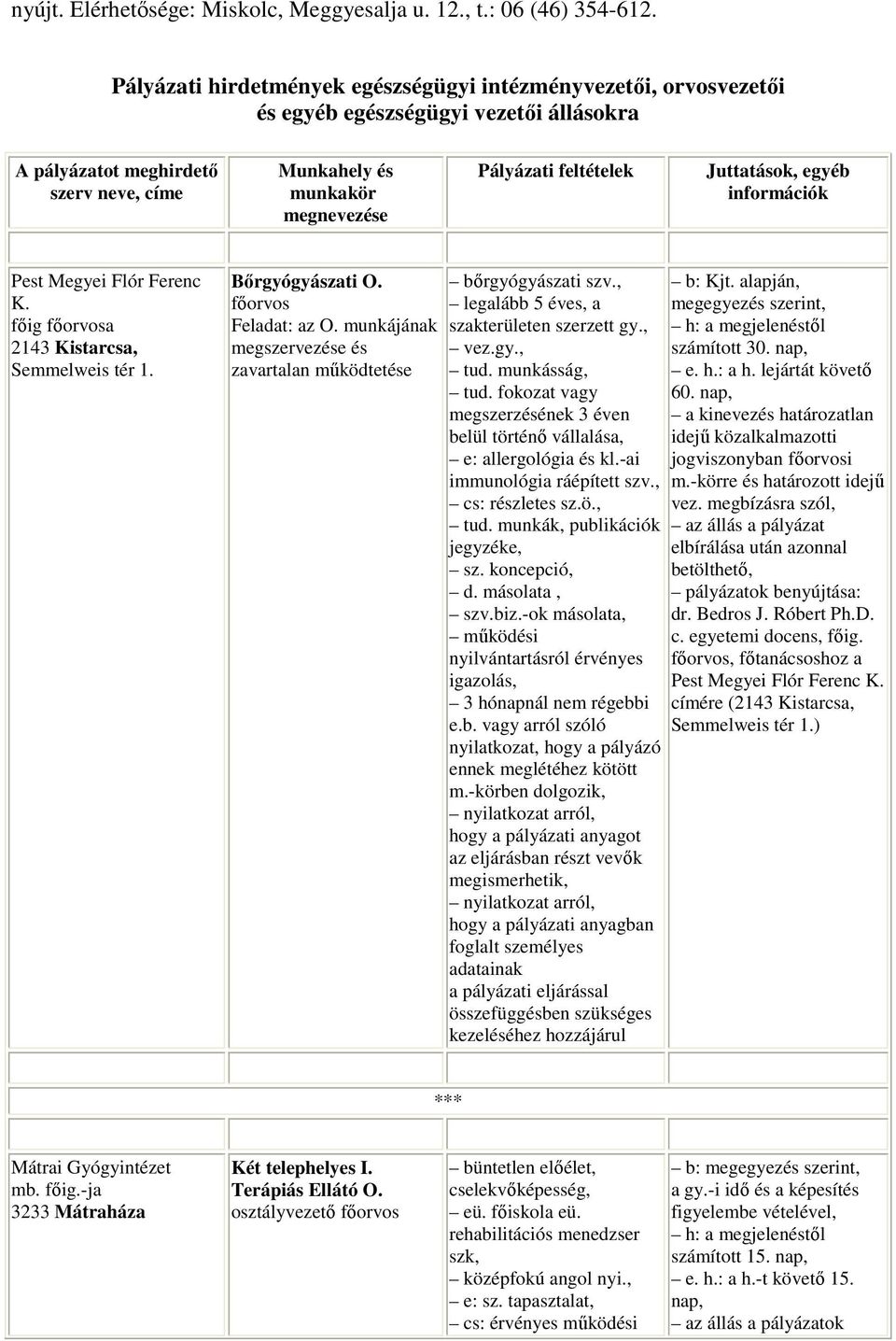 feltételek Juttatások, egyéb információk Pest Megyei Flór Ferenc K. fıig fıorvosa 2143 Kistarcsa, Semmelweis tér 1. Bırgyógyászati O. fıorvos Feladat: az O.