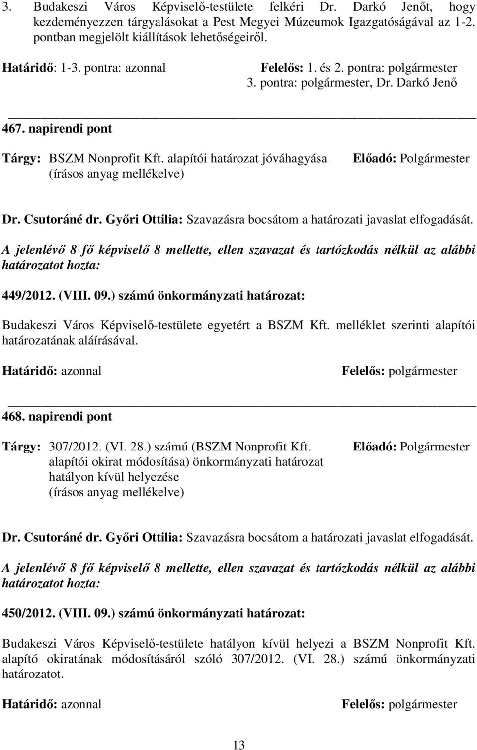 alapítói határozat jóváhagyása Elıadó: Polgármester Dr. Csutoráné dr. Gyıri Ottilia: Szavazásra bocsátom a határozati javaslat elfogadását.