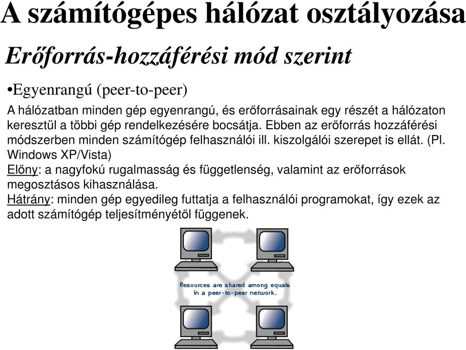 Ebben az erıforrás hozzáférési módszerben minden számítógép felhasználói ill. kiszolgálói szerepet is ellát. (Pl.