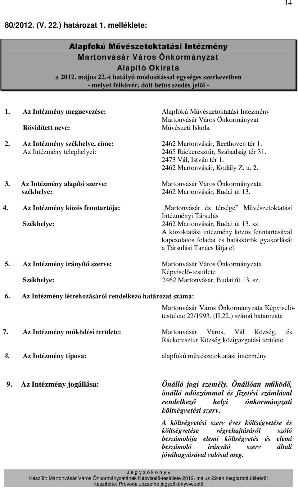 Az Intézmény megnevezése: Alapfokú Művészetoktatási Intézmény Martonvásár Város Önkormányzat Rövidített neve: Művészeti Iskola 2. Az Intézmény székhelye, címe: 2462 Martonvásár, Beethoven tér 1.