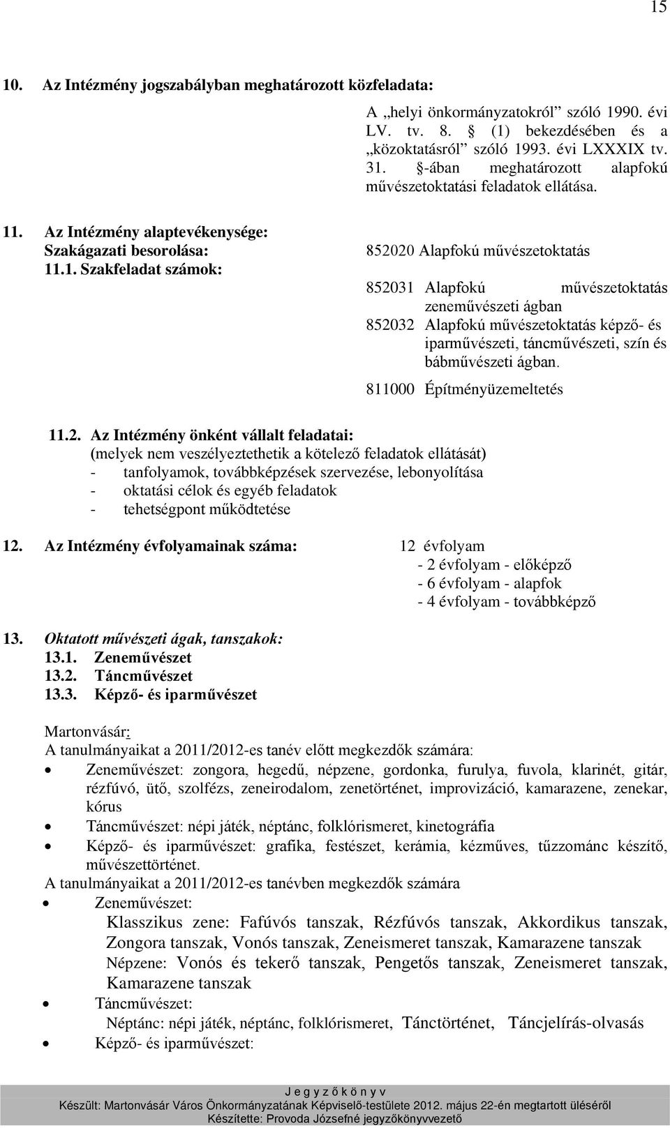 . Az Intézmény alaptevékenysége: Szakágazati besorolása: 11