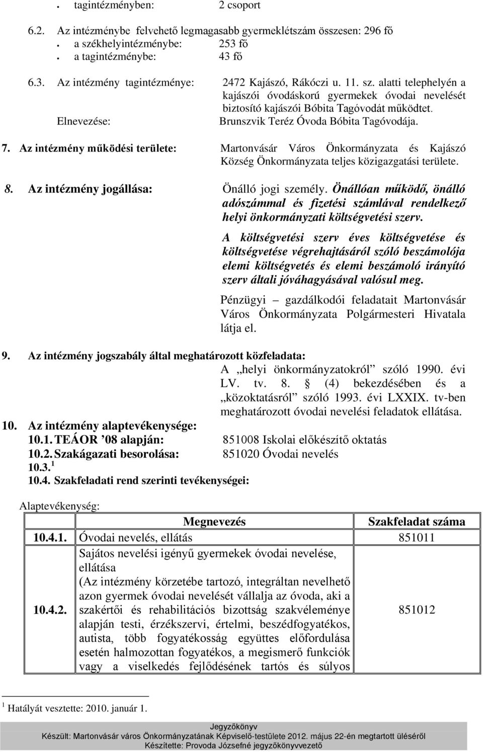 Az intézmény működési területe: és Kajászó Község Önkormányzata teljes közigazgatási területe. 8. Az intézmény jogállása: Önálló jogi személy.