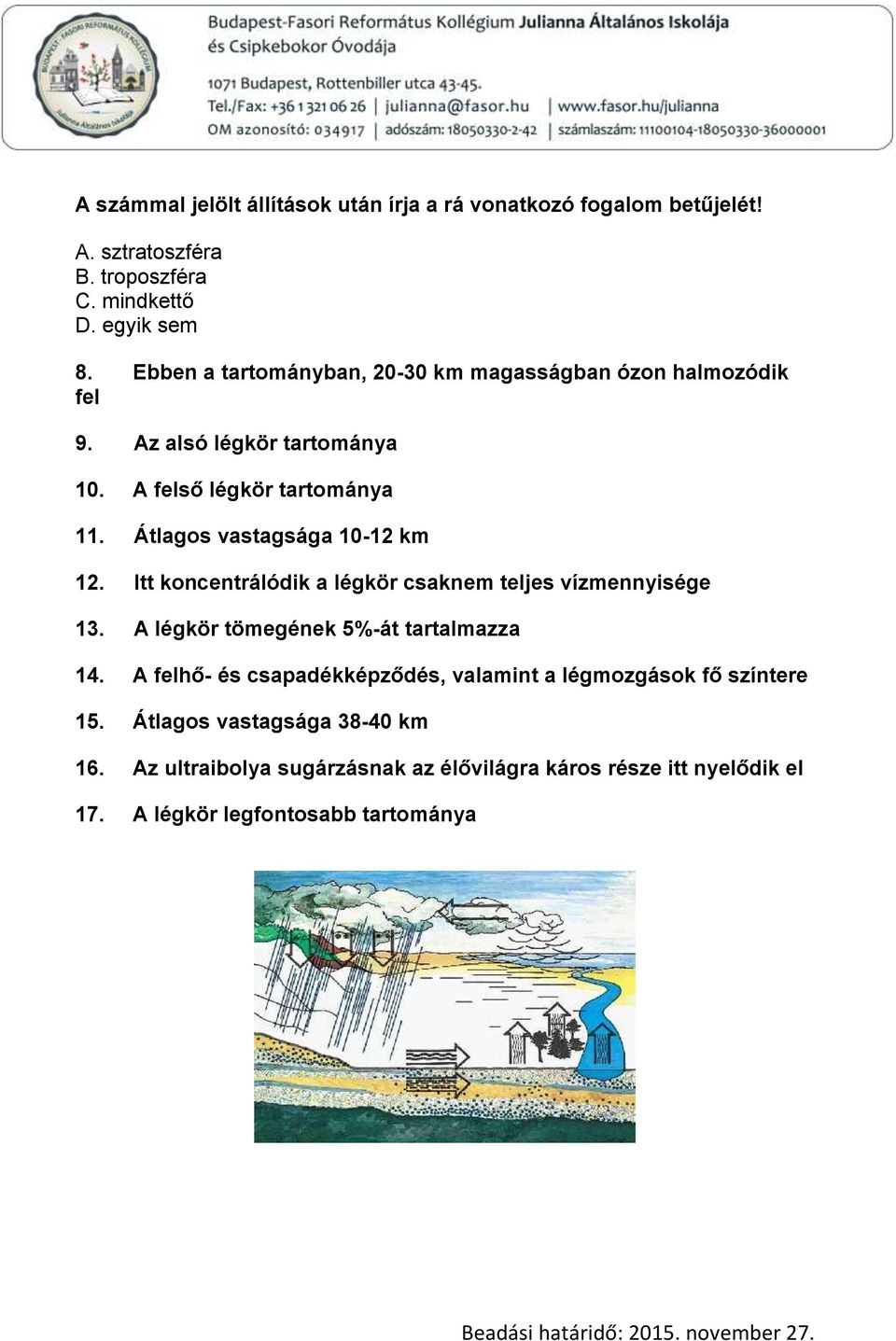 Átlagos vastagsága 10-12 km 12. Itt koncentrálódik a légkör csaknem teljes vízmennyisége 13. A légkör tömegének 5%-át tartalmazza 14.