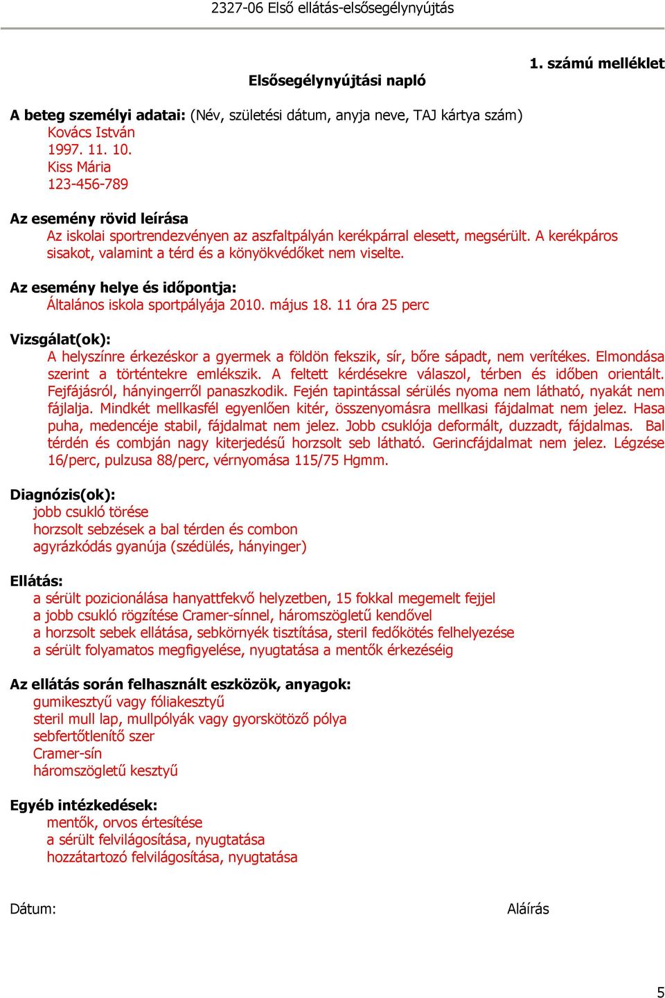 Az esemény helye és idıpontja: Általános iskola sportpályája 00. május 8. óra perc Vizsgálat(ok): A helyszínre érkezéskor a gyermek a földön fekszik, sír, bıre sápadt, nem verítékes.