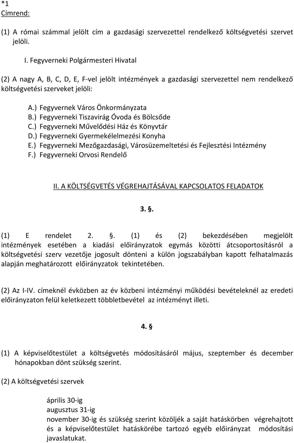 ) Fegyverneki Tiszavirág Óvoda és Bölcsőde C.) Fegyverneki Művelődési Ház és Könyvtár D.) Fegyverneki Gyermekélelmezési Konyha E.