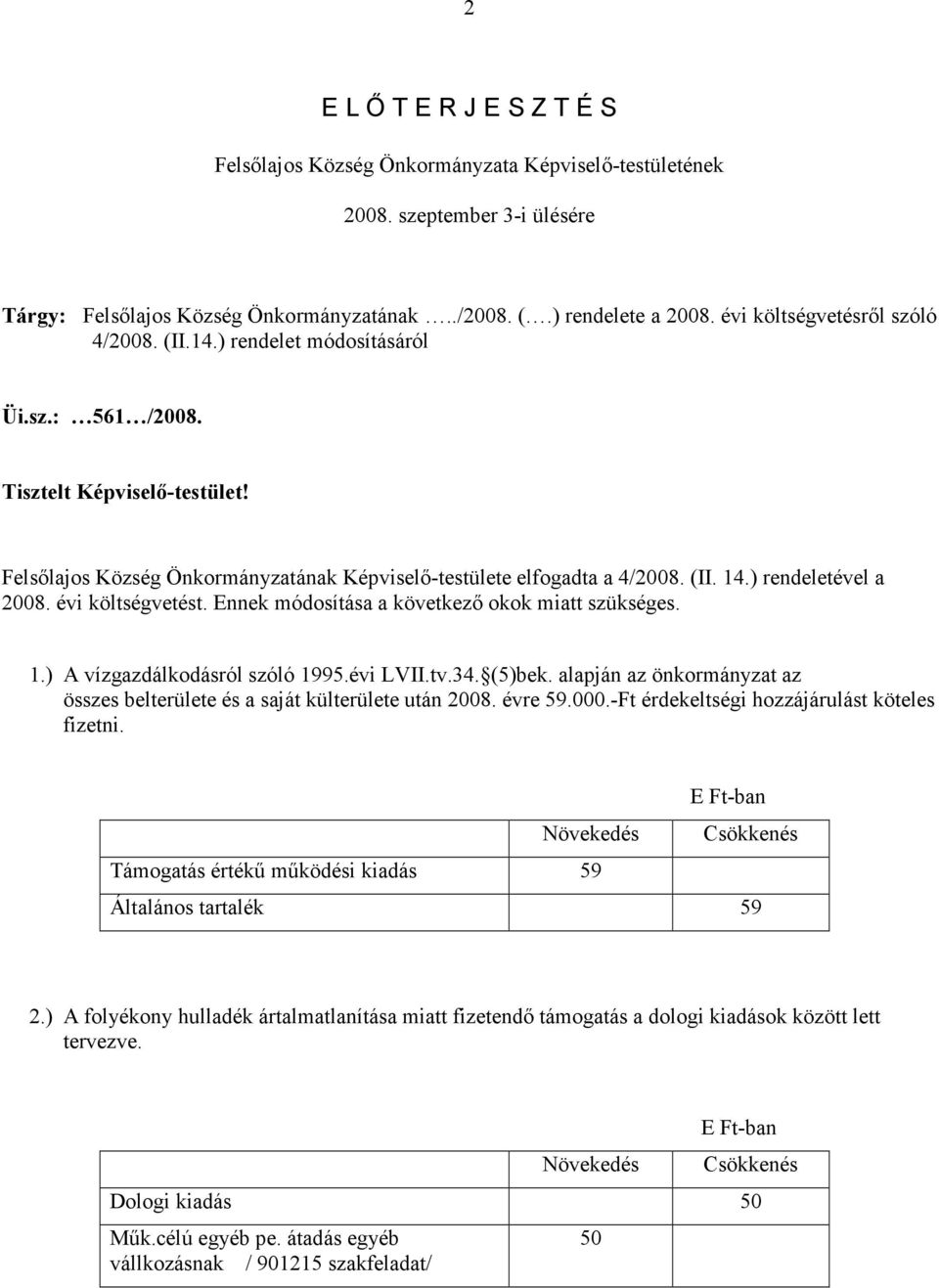 ) rendeletével a 2008. évi költségvetést. Ennek módosítása a következő okok miatt szükséges. 1.) A vízgazdálkodásról szóló 1995.évi LVII.tv.34. (5)bek.