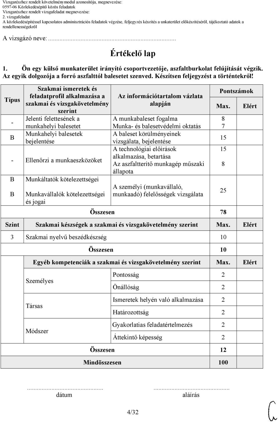 Típus - B Szakmai ismeretek és feladatprofil alkalmazása a szakmai és vizsgakövetelmény szerint Jelenti felettesének a munkahelyi balesetet Munkahelyi balesetek bejelentése - Ellenőrzi a