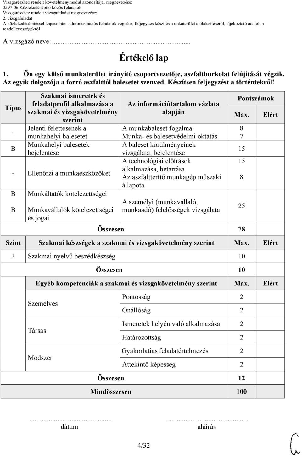 Típus - B Szakmai ismeretek és feladatprofil alkalmazása a szakmai és vizsgakövetelmény szerint Jelenti felettesének a munkahelyi balesetet Munkahelyi balesetek bejelentése - Ellenőrzi a