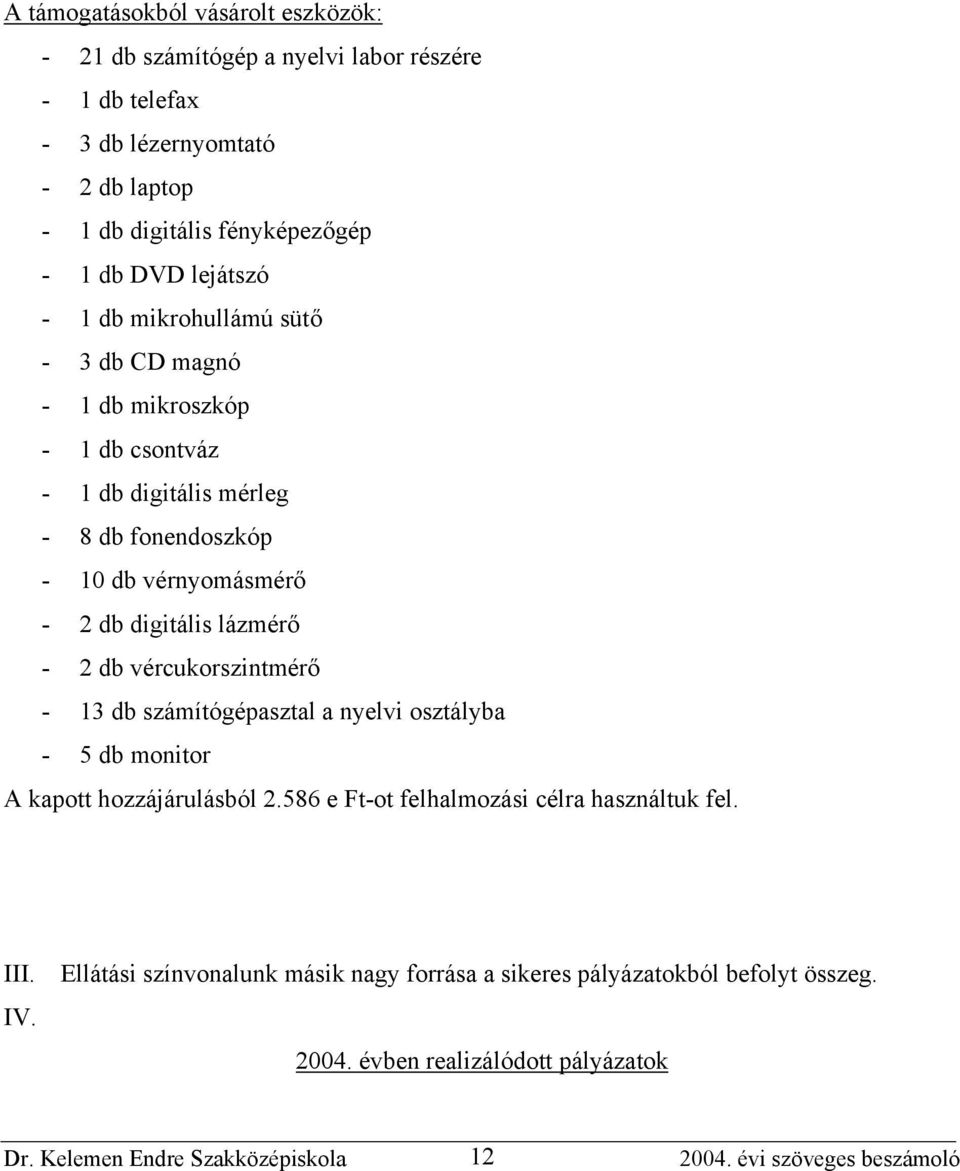 10 db vérnyomásmérő - 2 db digitális lázmérő - 2 db vércukorszintmérő - 13 db számítógépasztal a nyelvi osztályba - 5 db monitor A kapott hozzájárulásból 2.