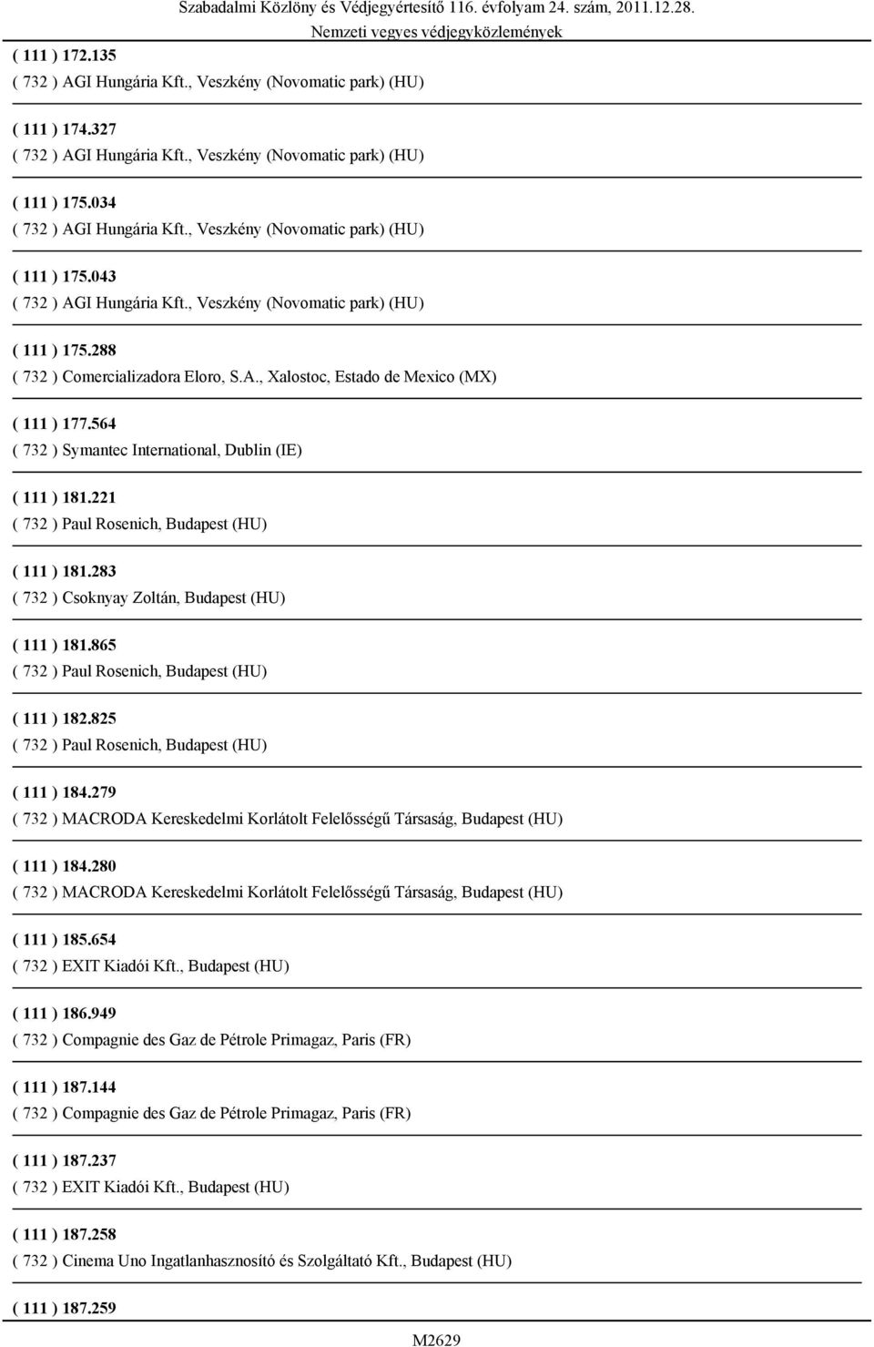 A., Xalostoc, Estado de Mexico (MX) ( 111 ) 177.564 ( 732 ) Symantec International, Dublin (IE) ( 111 ) 181.221 ( 732 ) Paul Rosenich, Budapest (HU) ( 111 ) 181.