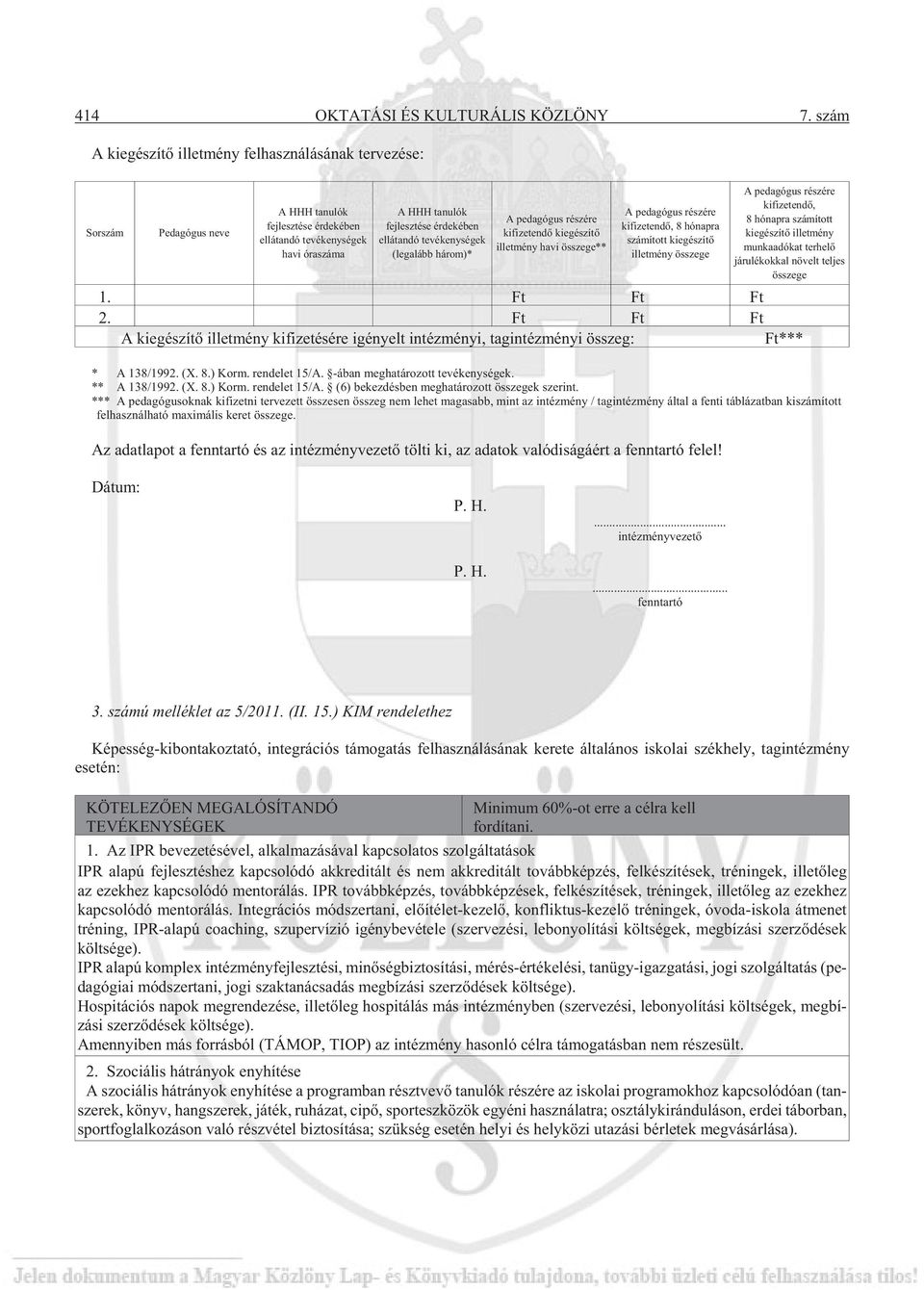 érdekében ellátandó tevékenységek (legalább három)* A pedagógus részére kifizetendõ kiegészítõ illetmény havi összege** A pedagógus részére kifizetendõ, 8 hónapra számított kiegészítõ illetmény