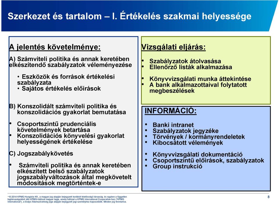 előírások B) Konszolidált számviteli politika és konszolidációs gyakorlat bemutatása Csoportszintű prudenciális követelmények betartása Konszolidációs könyvelési gyakorlat helyességének értékelése C)