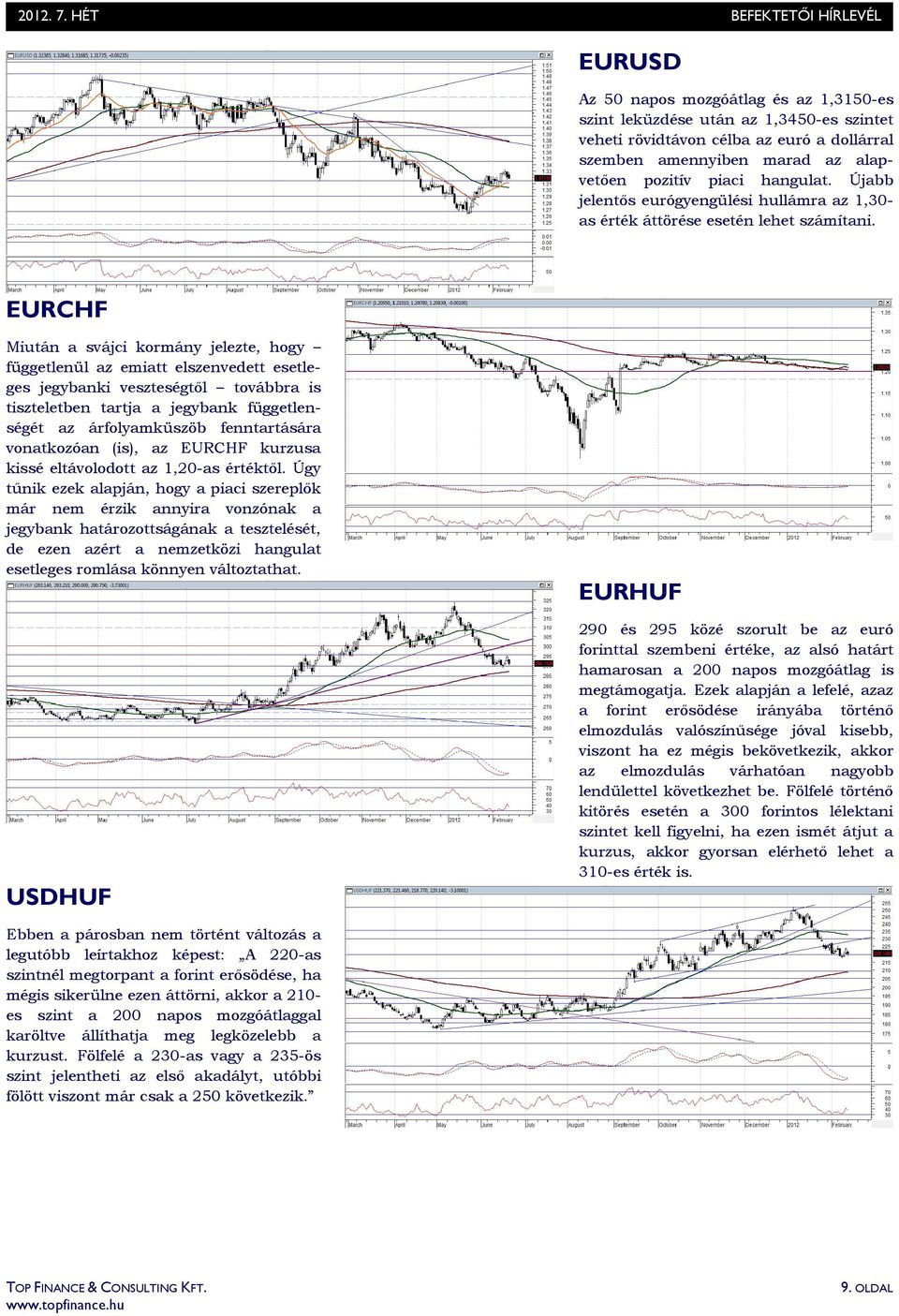 EURCHF Miután a svájci kormány jelezte, hogy függetlenül az emiatt elszenvedett esetleges jegybanki veszteségtıl továbbra is tiszteletben tartja a jegybank függetlenségét az árfolyamküszöb