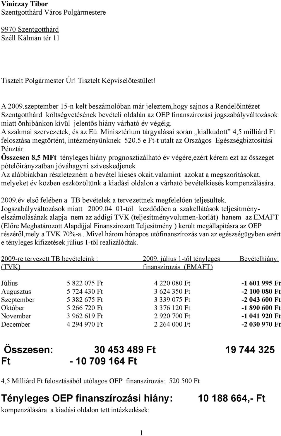 hiány várható év végéig. A szakmai szervezetek, és az Eü. Minisztérium tárgyalásai során kialkudott 4,5 milliárd Ft felosztása megtörtént, intézményünknek 520.