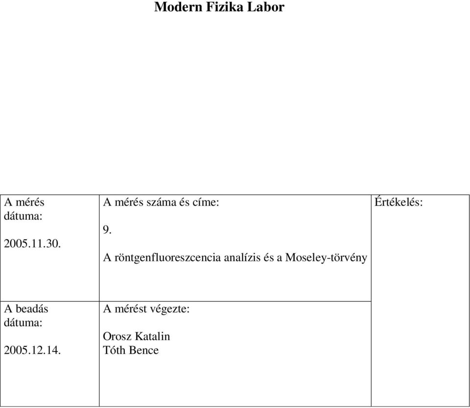 Modern Fizika Labor. Értékelés: A mérés dátuma: A mérés száma és címe: A  röntgenfluoreszcencia analízis és a Moseley-törvény - PDF Ingyenes letöltés