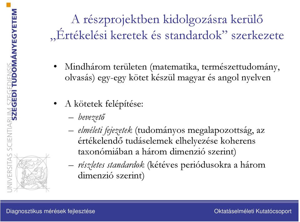 felépítése: bevezető elméleti fejezetek (tudományos megalapozottság, az értékelendő tudáselemek