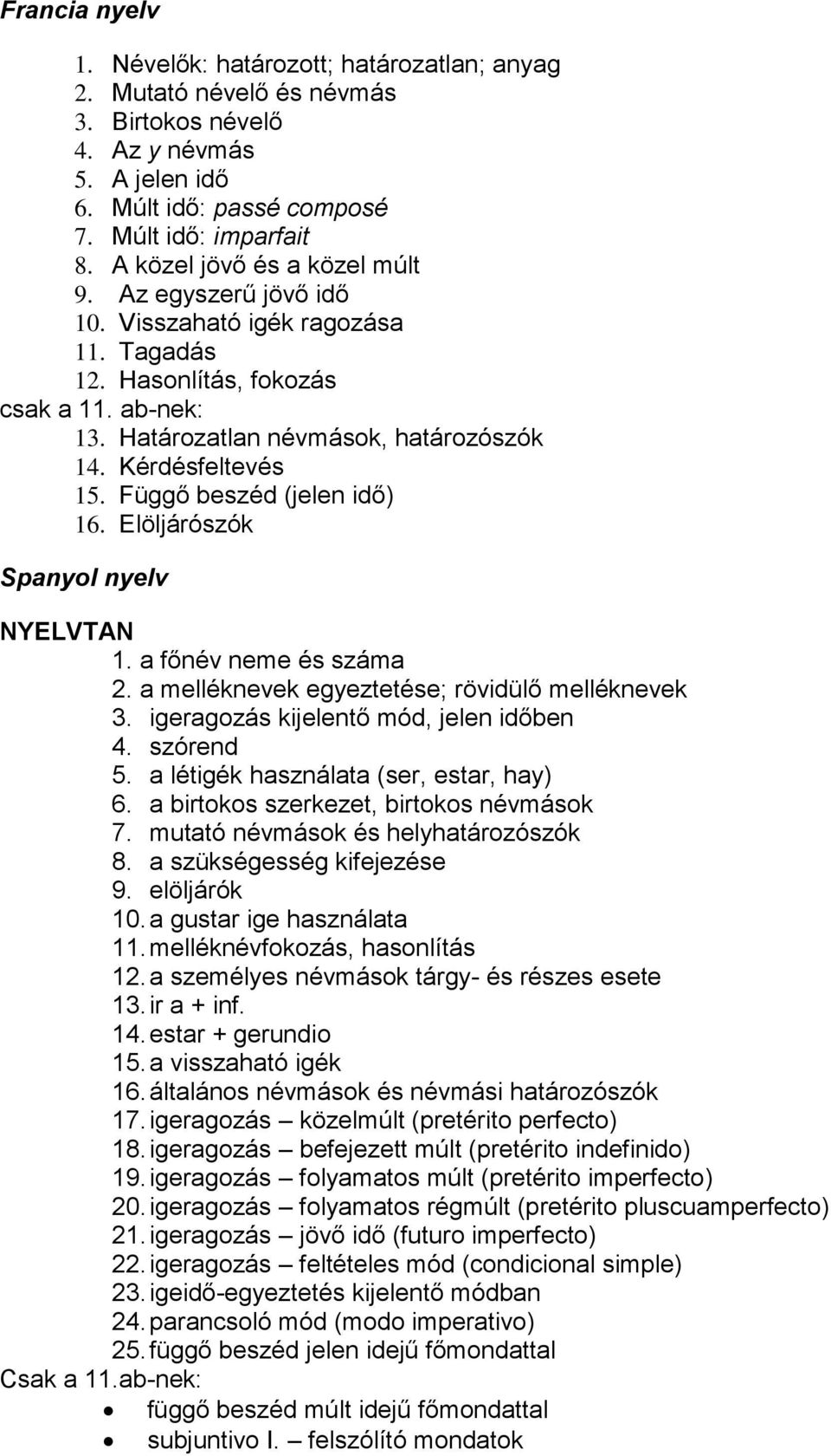 Függő beszéd (jelen idő) 16. Elöljárószók Spanyol nyelv NYELVTAN 1. a főnév neme és száma 2. a melléknevek egyeztetése; rövidülő melléknevek 3. igeragozás kijelentő mód, jelen időben 4. szórend 5.