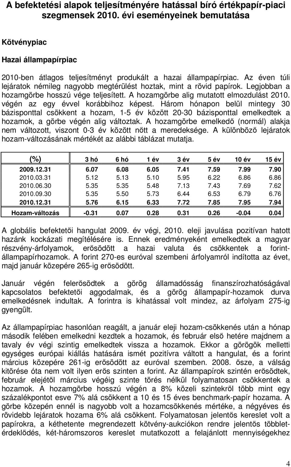 Az éven túli lejáratok némileg nagyobb megtérülést hoztak, mint a rövid papírok. Legjobban a hozamgörbe hosszú vége teljesített. A hozamgörbe alig mutatott elmozdulást 2010.