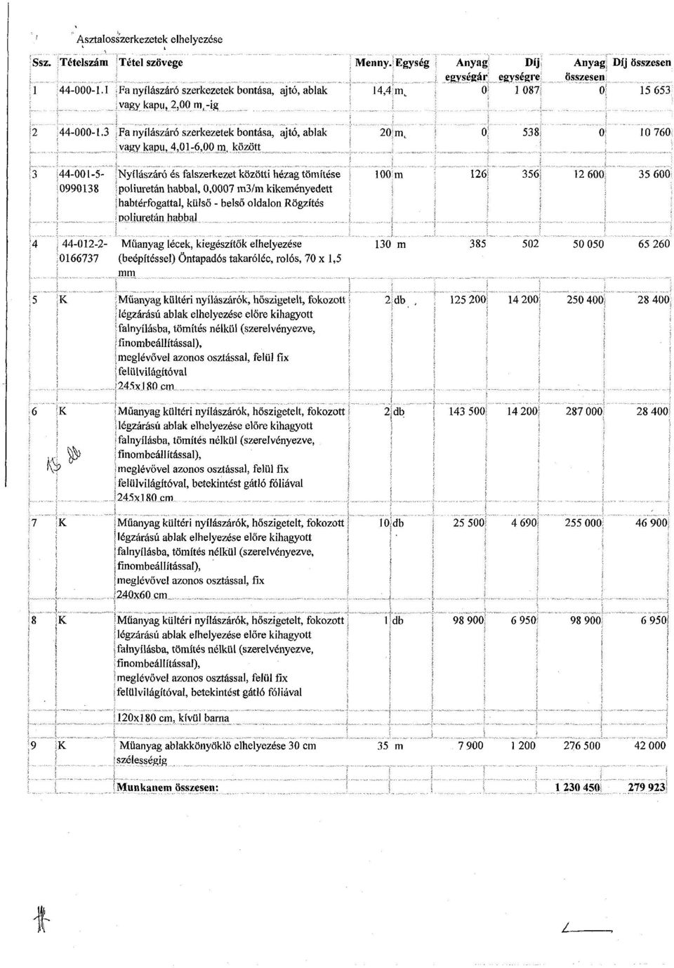 538 0 10 760 3 44-001-5- Nyílászáró és falszerkezet közötti hézag tömítése 0990138 poliuretán habbal, 0,0007 m3/m kikeményedett habtérfogattal, külső - belső oldalon Rögzítés poliuretán habbal 100 m