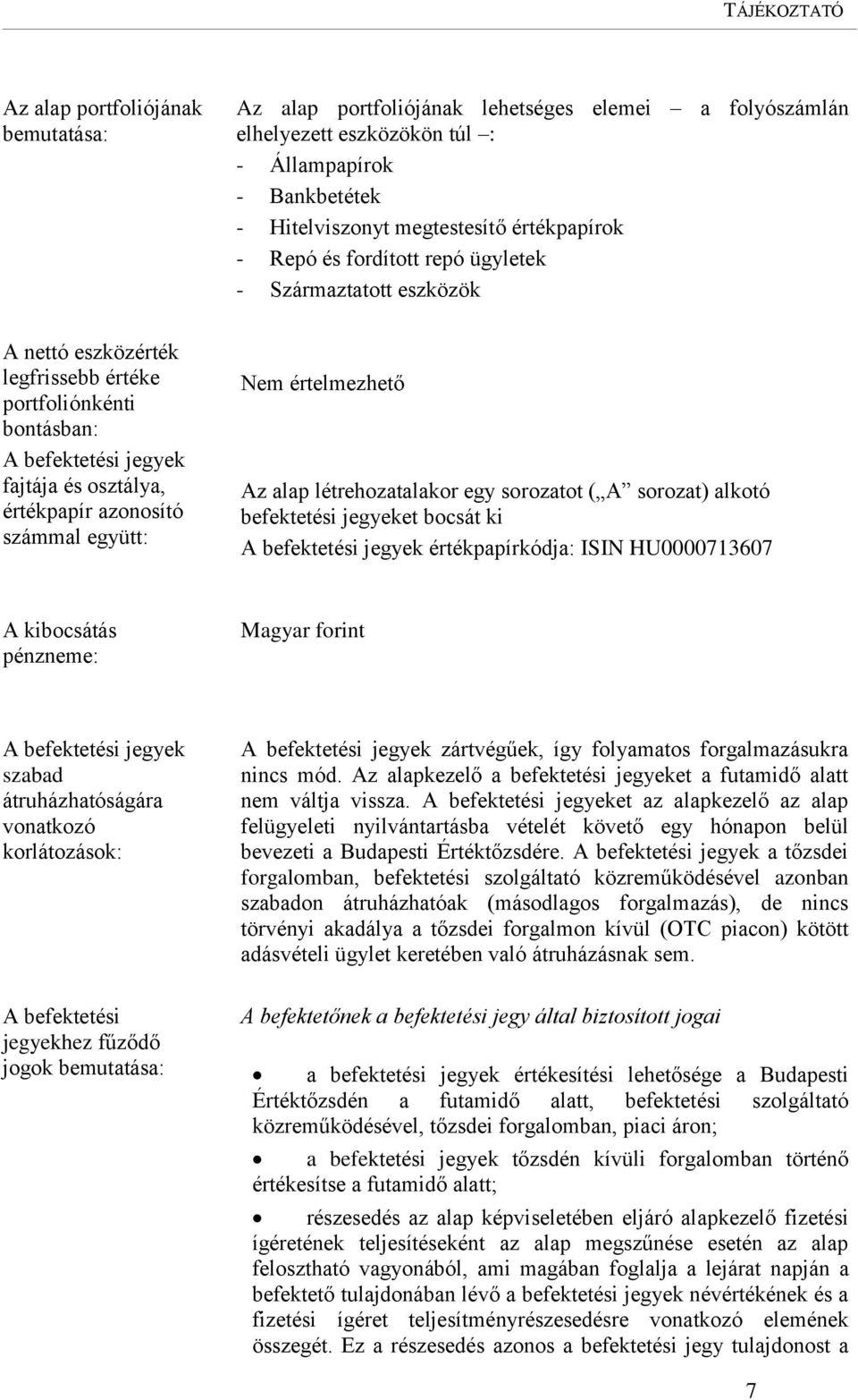 eszközök Nem értelmezhető Az alap létrehozatalakor egy sorozatot ( A sorozat) alkotó befektetési jegyeket bocsát ki A befektetési jegyek értékpapírkódja: ISIN HU0000713607 A kibocsátás pénzneme: