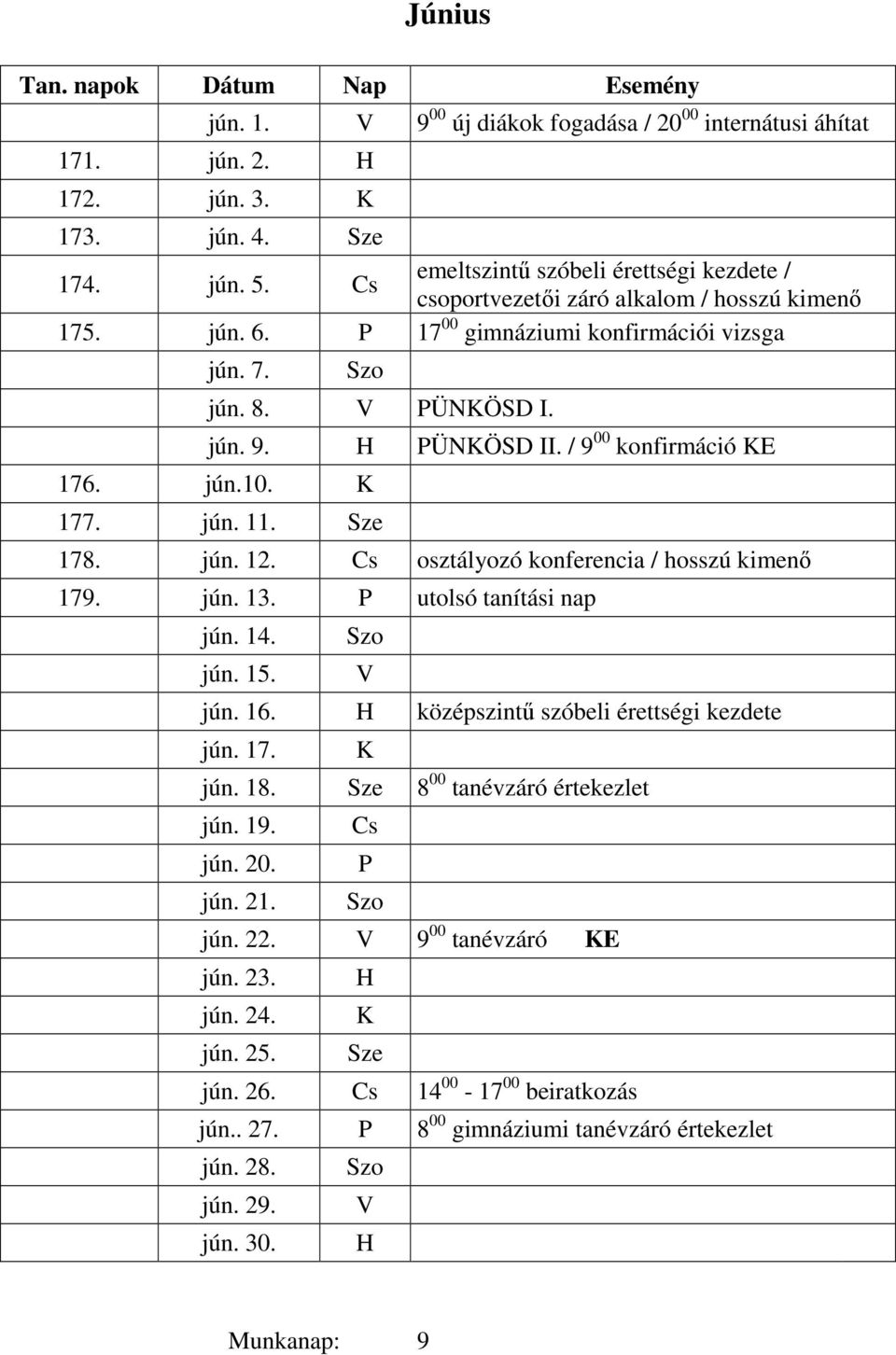 / 9 00 konfirmáció E 176. jún.10. 177. jún. 11. Sze 178. jún. 12. Cs osztályozó konferencia / hosszú kimenő 179. jún. 13. P utolsó tanítási nap jún. 14. jún. 15. V jún. 16.