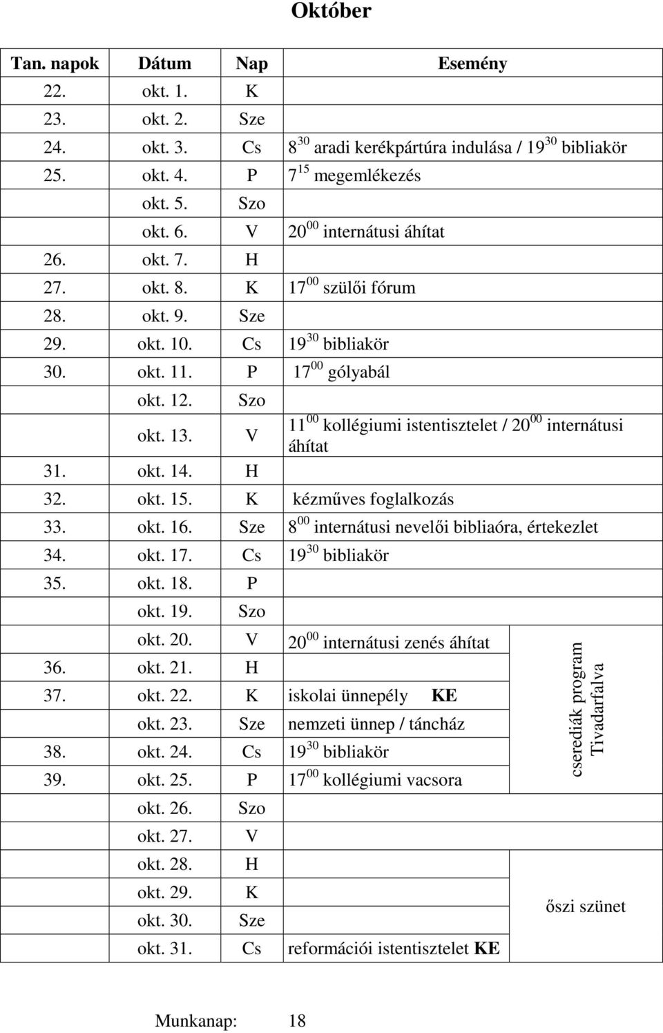 kézműves foglalkozás 11 00 kollégiumi istentisztelet / 20 00 internátusi áhítat 33. okt. 16. Sze 8 00 internátusi nevelői bibliaóra, értekezlet 34. okt. 17. Cs 19 30 bibliakör 35. okt. 18. P okt. 19. okt. 20. V 20 00 internátusi zenés áhítat 36.