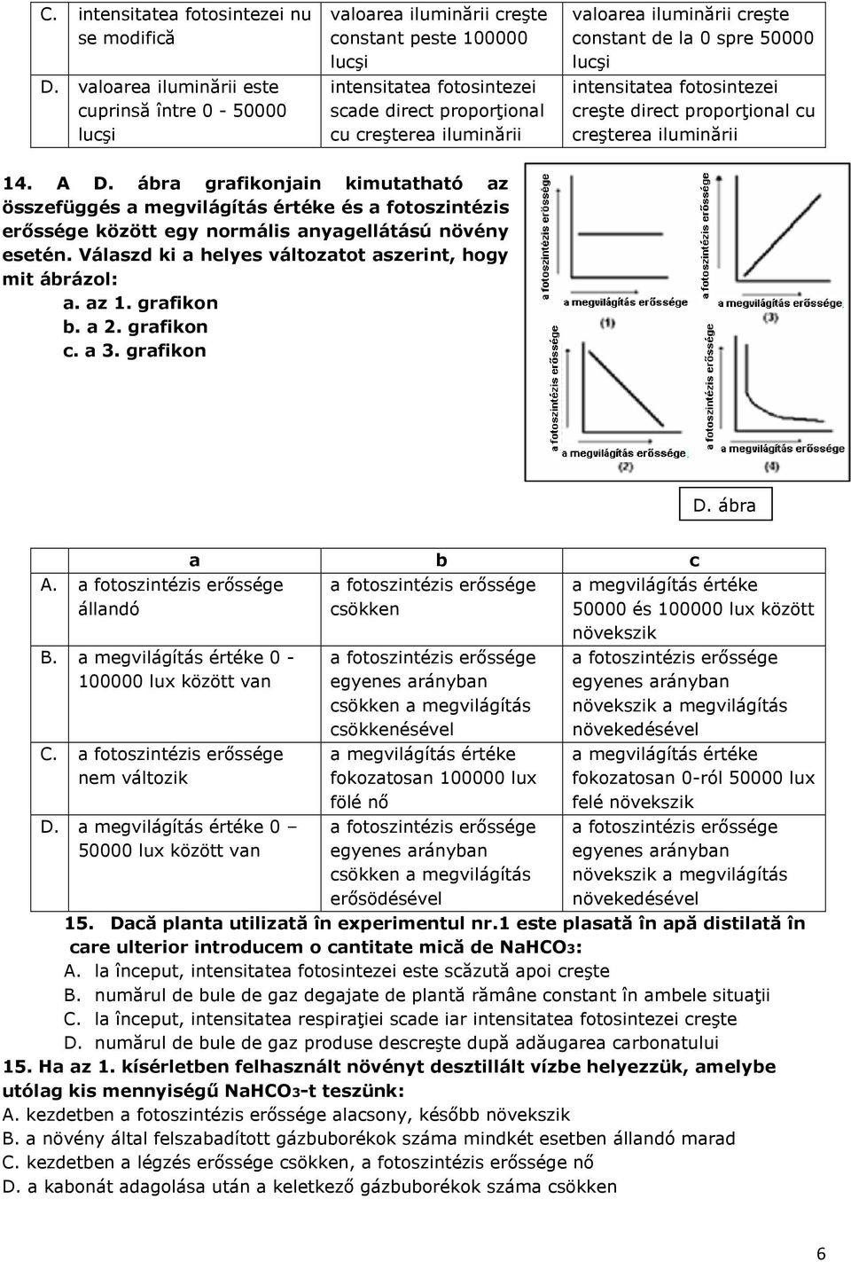 iluminării creşte constant de la 0 spre 50000 lucşi intensitatea fotosintezei creşte direct proporńional cu creşterea iluminării 14. A D.