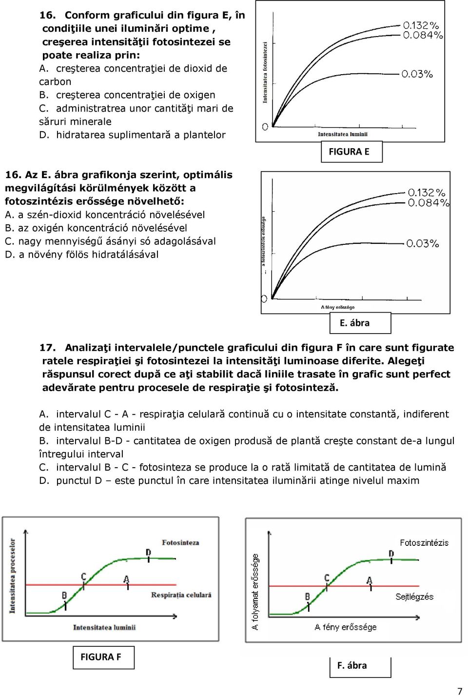 ábra grafikonja szerint, optimális megvilágítási körülmények között a fotoszintézis erıssége növelhetı: A. a szén-dioxid koncentráció növelésével B. az oxigén koncentráció növelésével C.