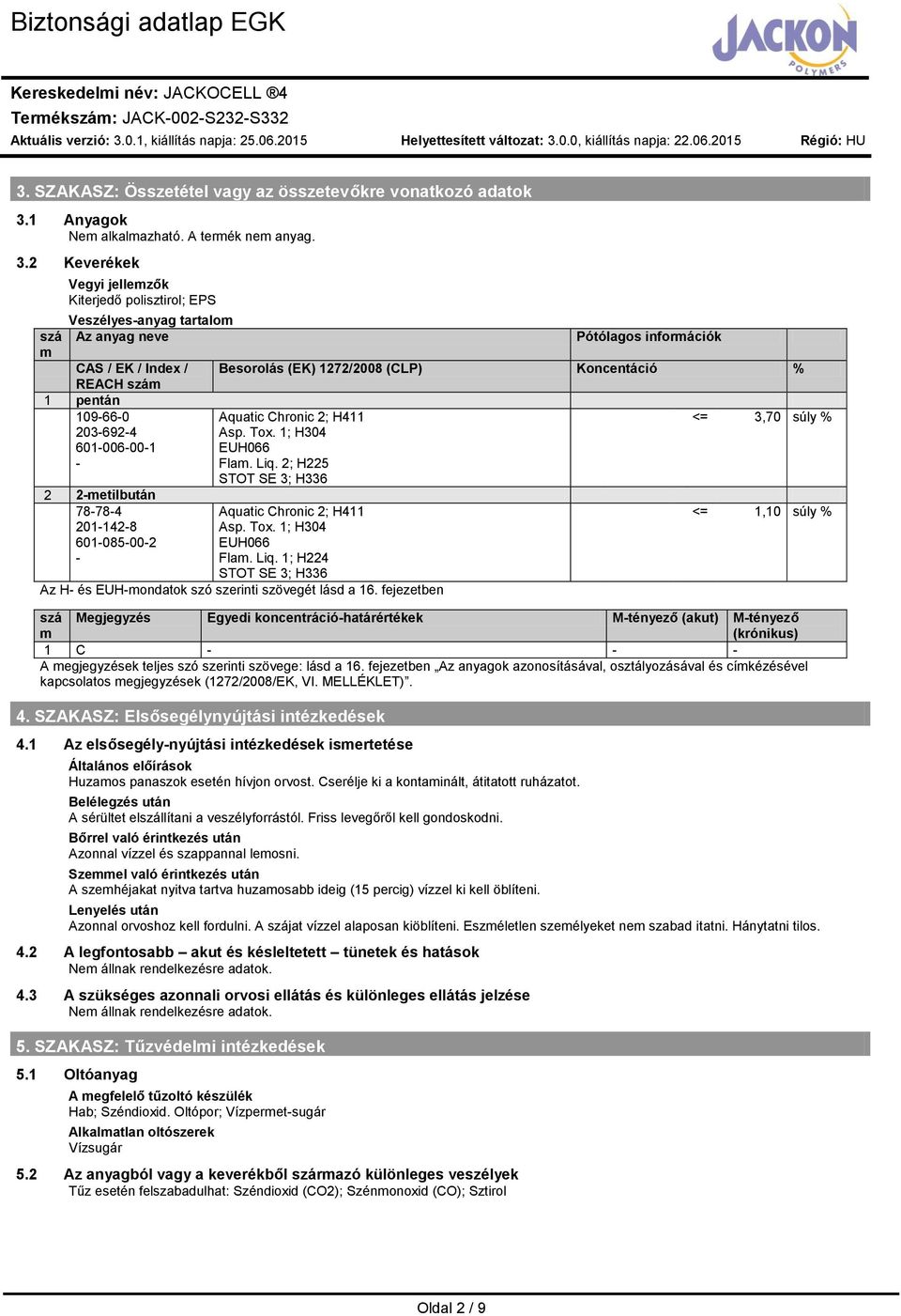 2 Keverékek szá Vegyi jellezők Kiterjedő polisztirol; EPS Veszélyesanyag tartalo Az anyag neve CAS / EK / Index / REACH szá 1 109660 2036924 601006001 2 2etilbután 78784 2011428 601085002 Pótólagos