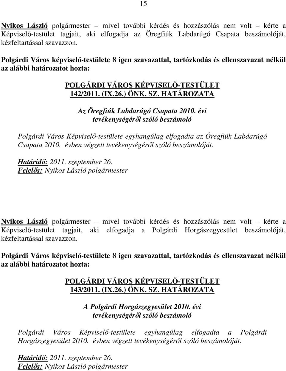 évi tevékenységéről szóló beszámoló Polgárdi Város Képviselő-testülete egyhangúlag elfogadta az Öregfiúk Labdarúgó Csapata 2010. évben végzett tevékenységéről szóló beszámolóját. Határidő: 2011.