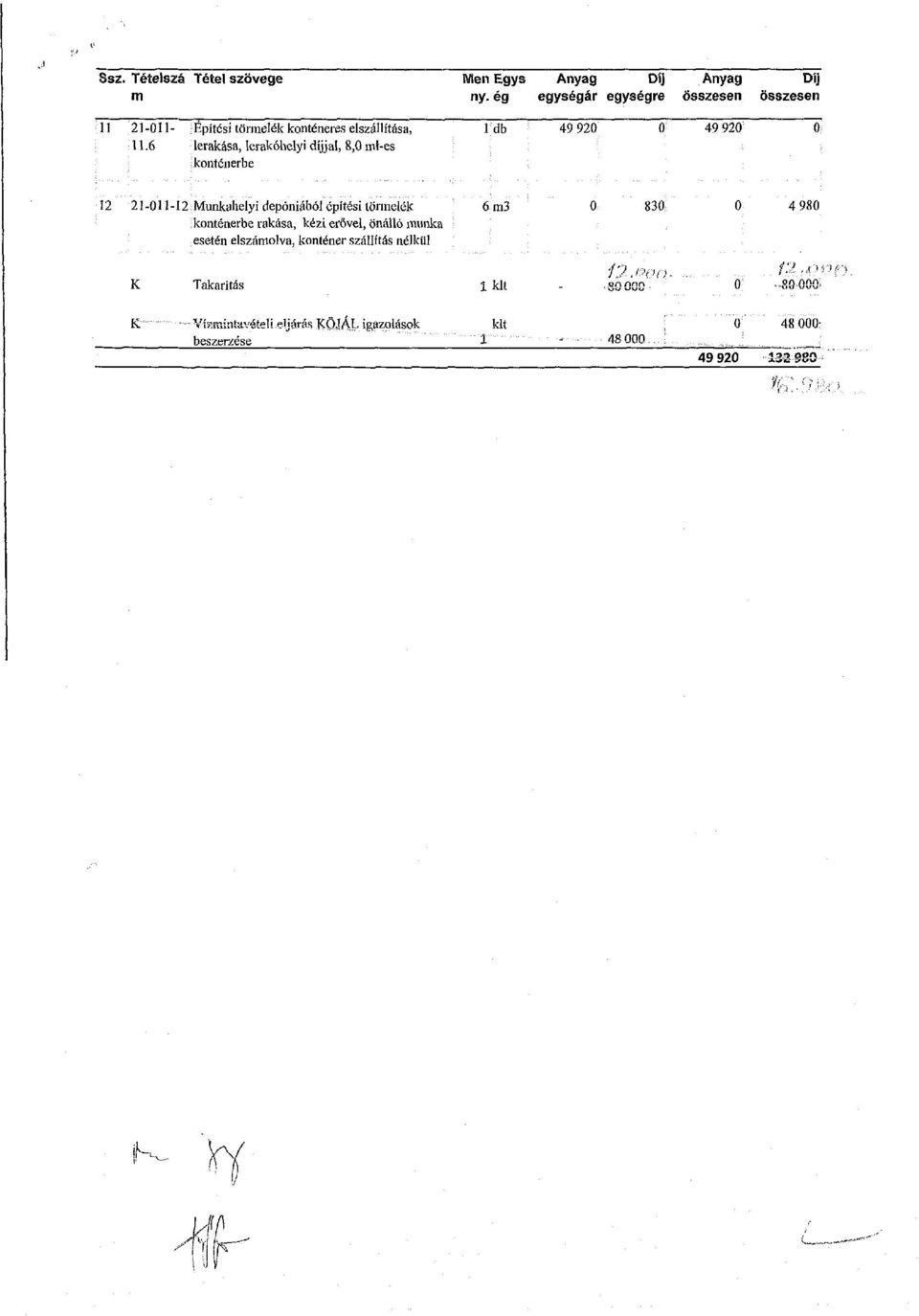 ég egységár egységre összesen ldb 49 920 0 49 920 Díj összesen 12 21-011-12 Munkahelyi depóniából építési törmelék konténerberakása,