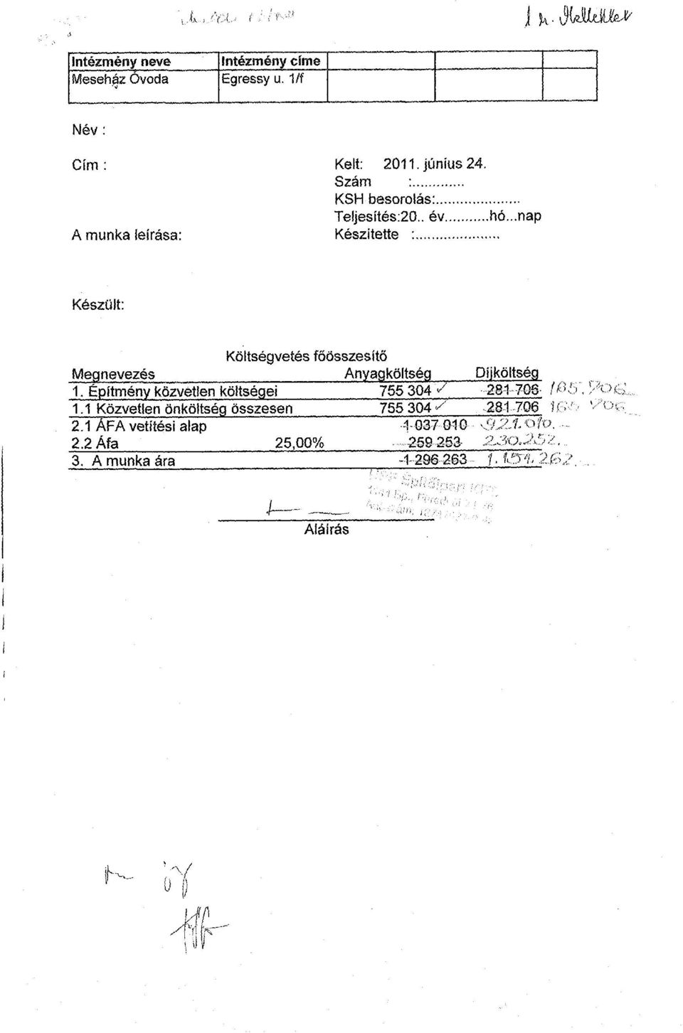 ..nap Készítette : Készült: Megnevezés Költségvetés főösszesítő Anyagköltség Díjköltség 1.